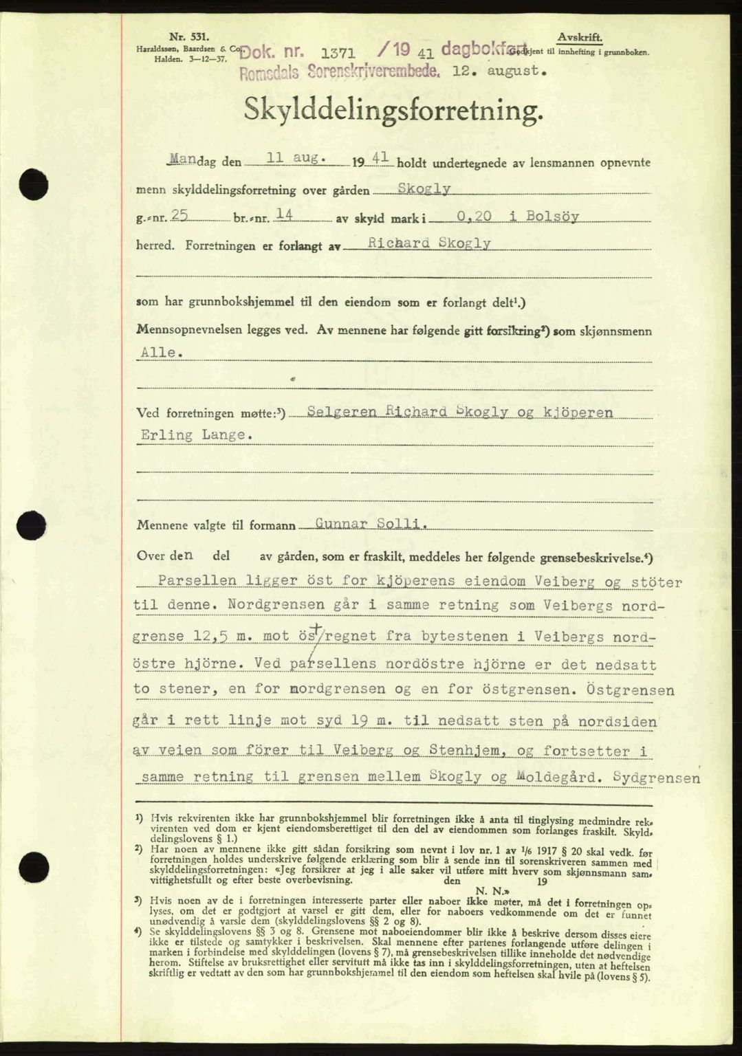 Romsdal sorenskriveri, AV/SAT-A-4149/1/2/2C: Mortgage book no. A10, 1941-1941, Diary no: : 1371/1941