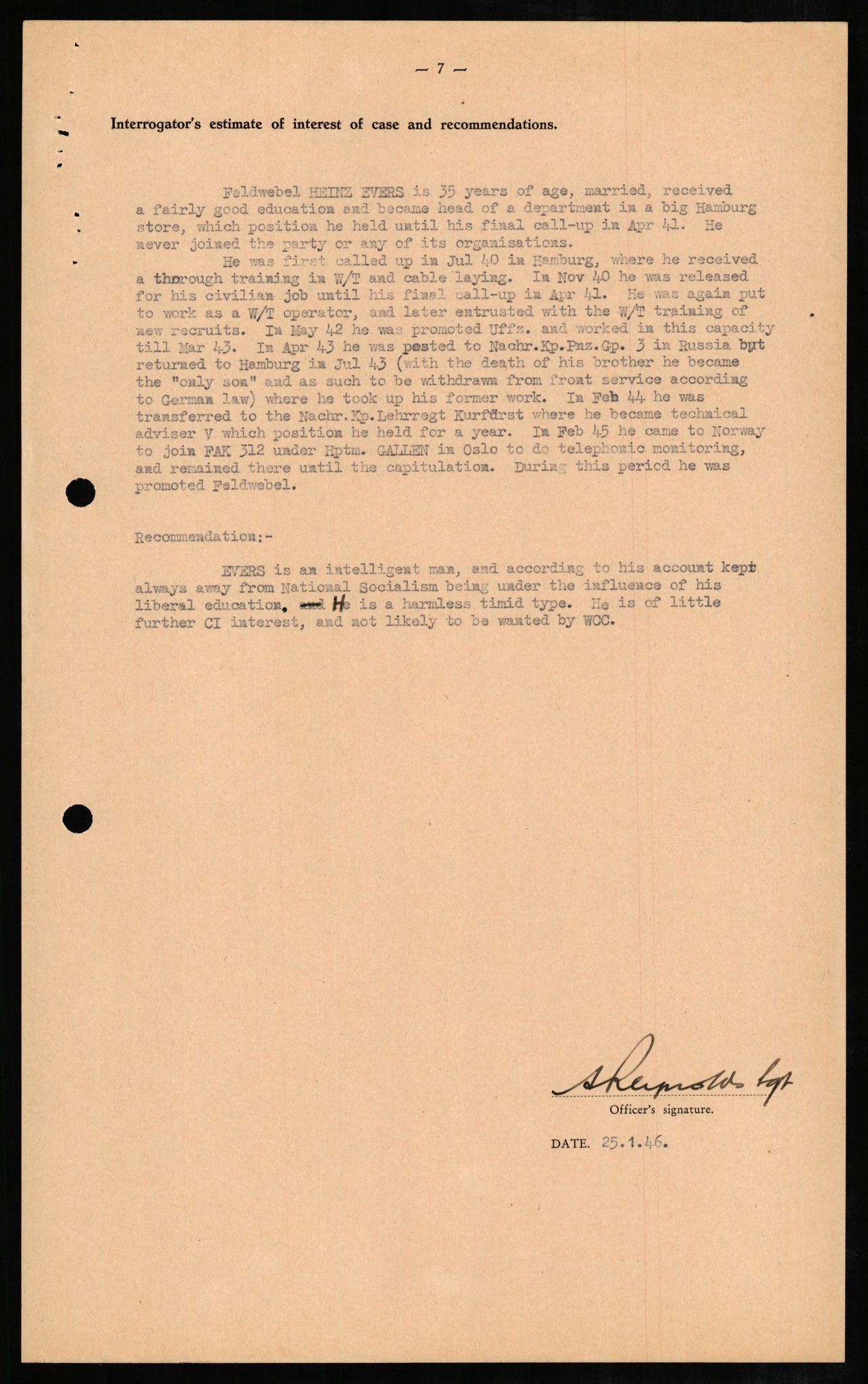 Forsvaret, Forsvarets overkommando II, RA/RAFA-3915/D/Db/L0007: CI Questionaires. Tyske okkupasjonsstyrker i Norge. Tyskere., 1945-1946, p. 365