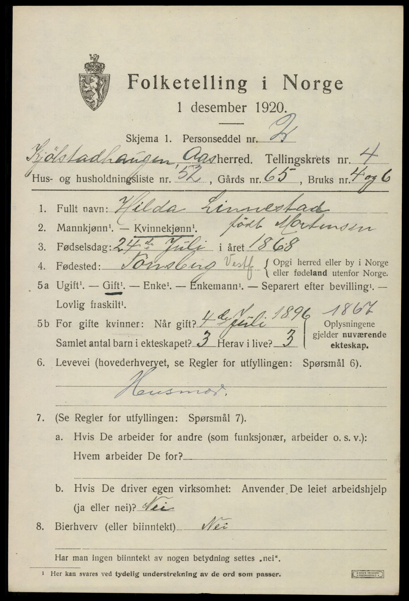 SAO, 1920 census for Ås, 1920, p. 5832