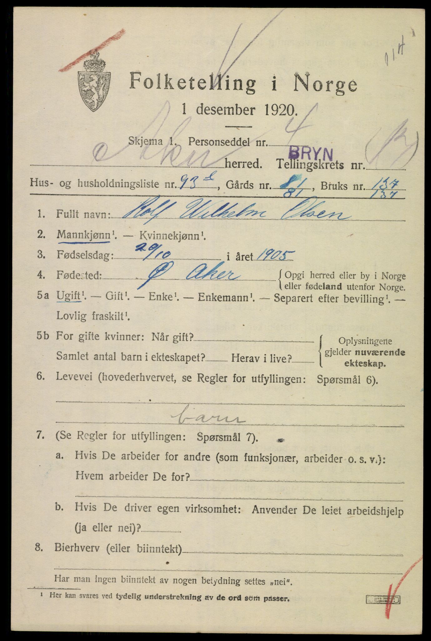 SAO, 1920 census for Aker, 1920, p. 104284