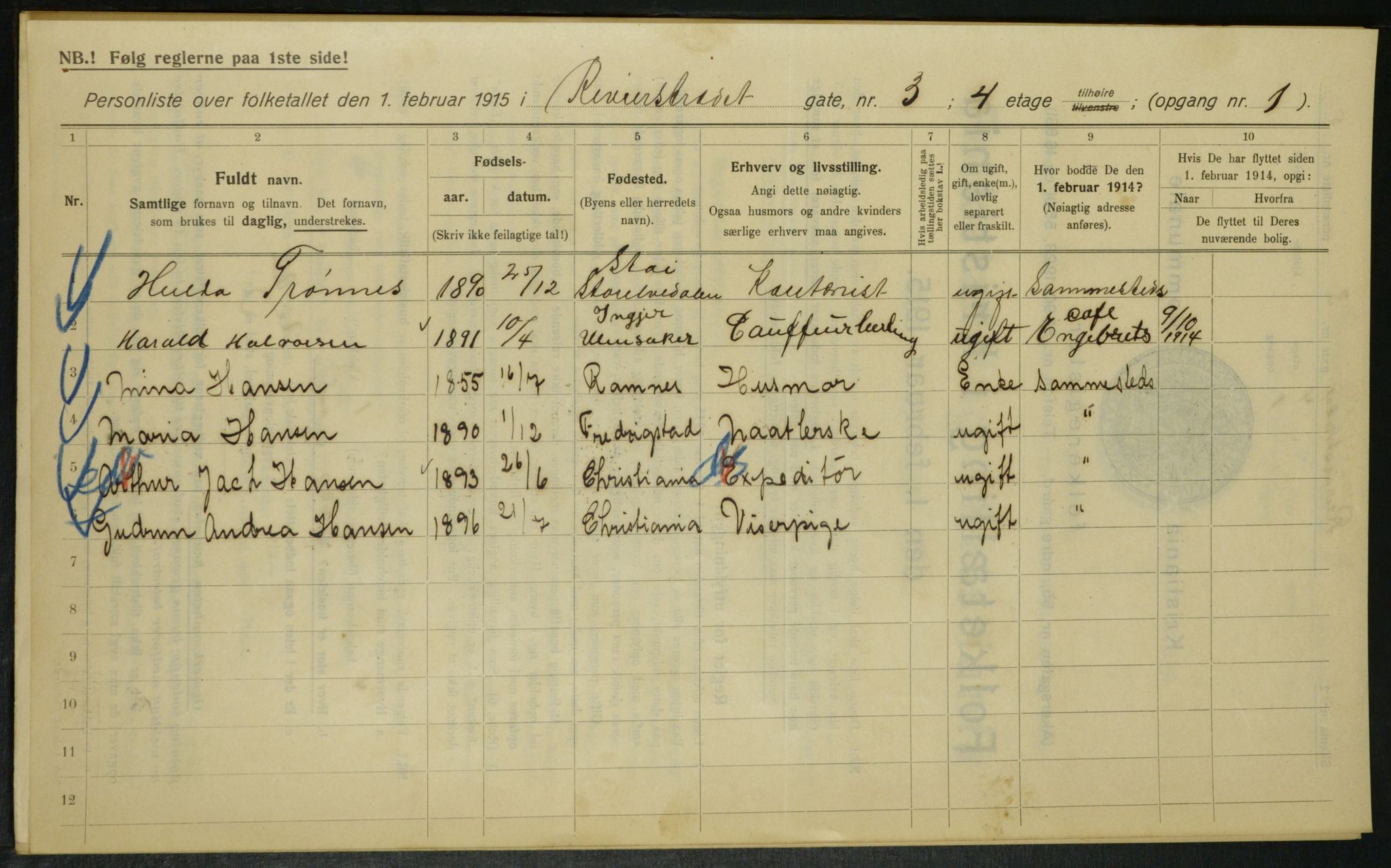 OBA, Municipal Census 1915 for Kristiania, 1915, p. 82596