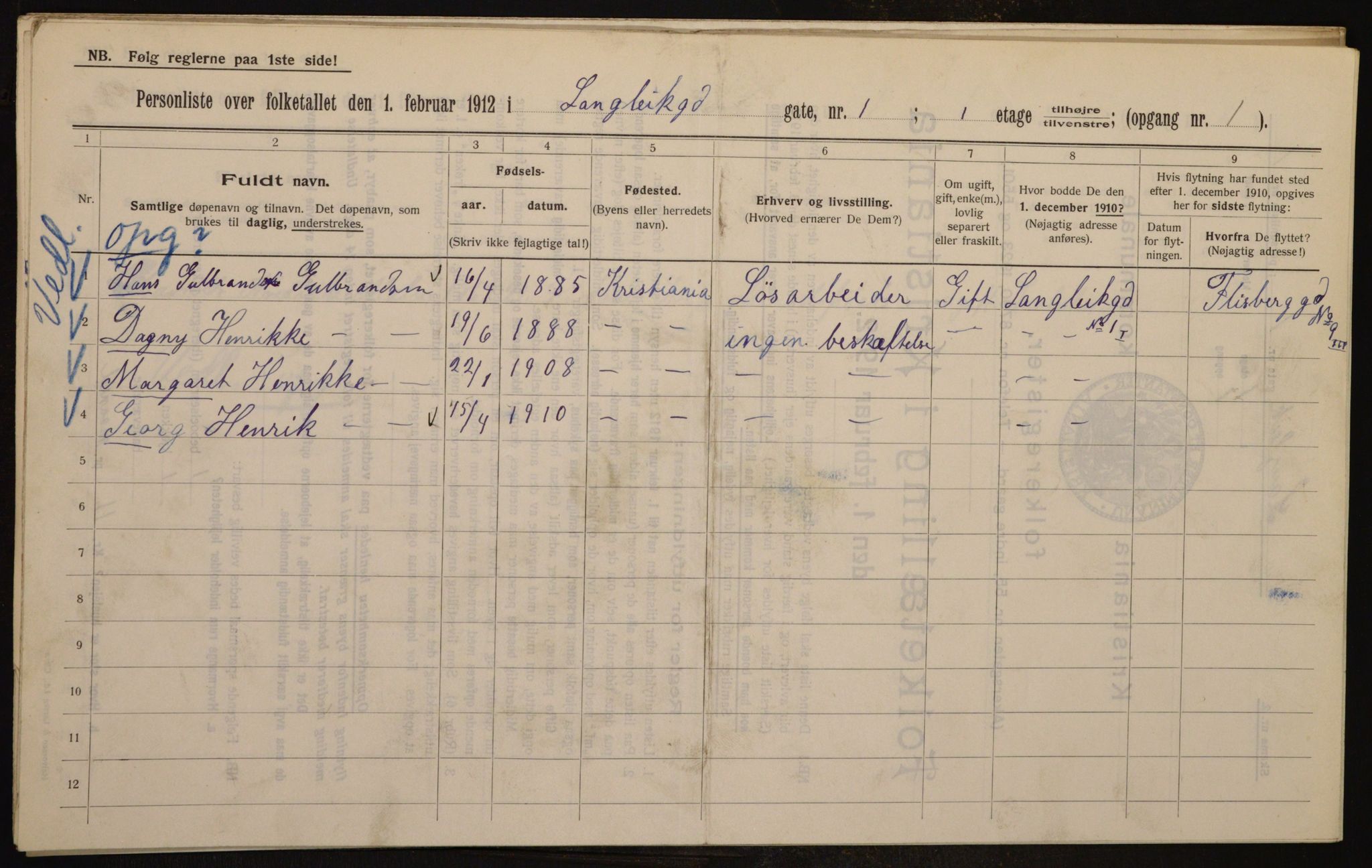 OBA, Municipal Census 1912 for Kristiania, 1912, p. 57264