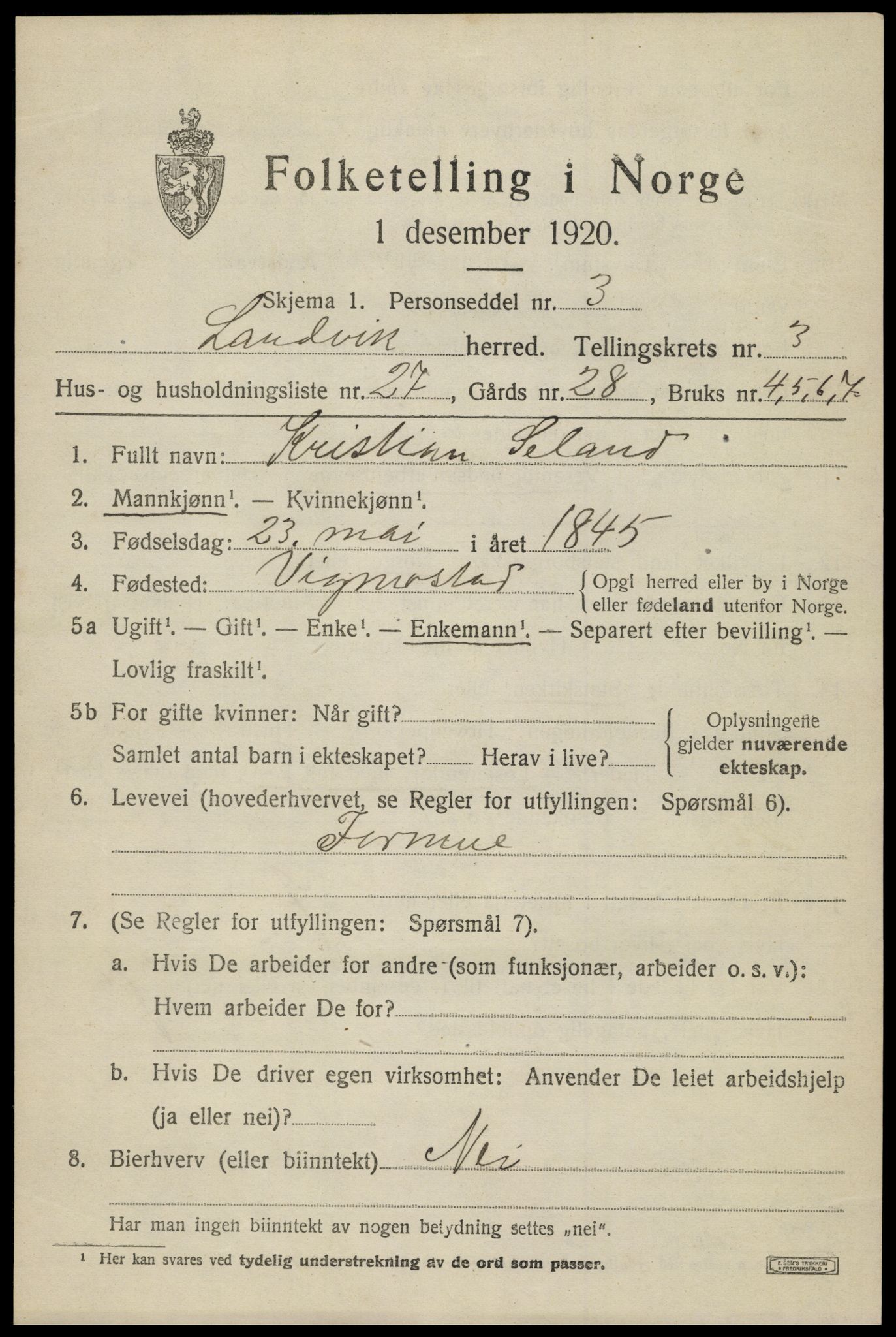 SAK, 1920 census for Landvik, 1920, p. 3196