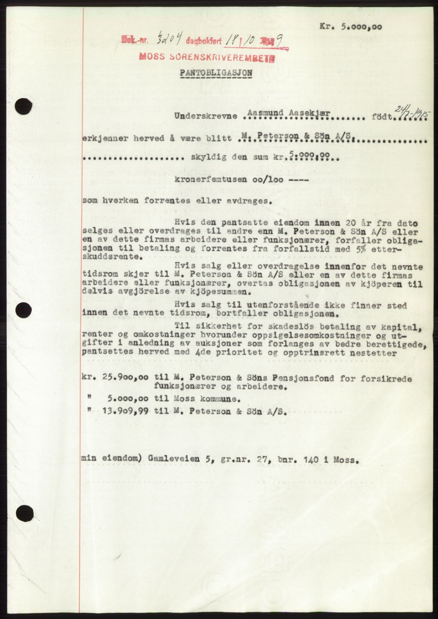 Moss sorenskriveri, SAO/A-10168: Mortgage book no. B23, 1949-1950, Diary no: : 3204/1949