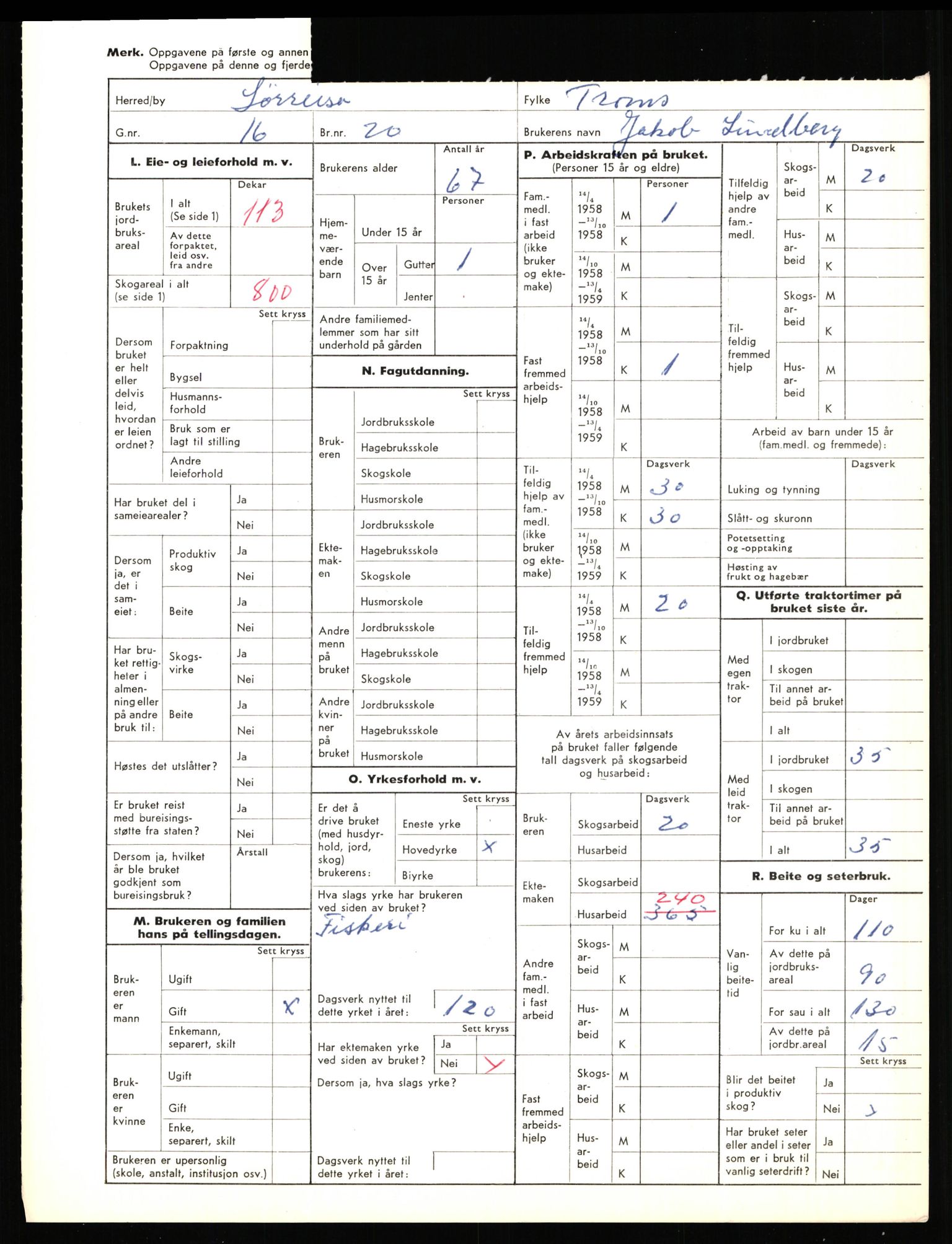 Statistisk sentralbyrå, Næringsøkonomiske emner, Jordbruk, skogbruk, jakt, fiske og fangst, AV/RA-S-2234/G/Gd/L0656: Troms: 1924 Målselv (kl. 0-3) og 1925 Sørreisa, 1959, p. 2153