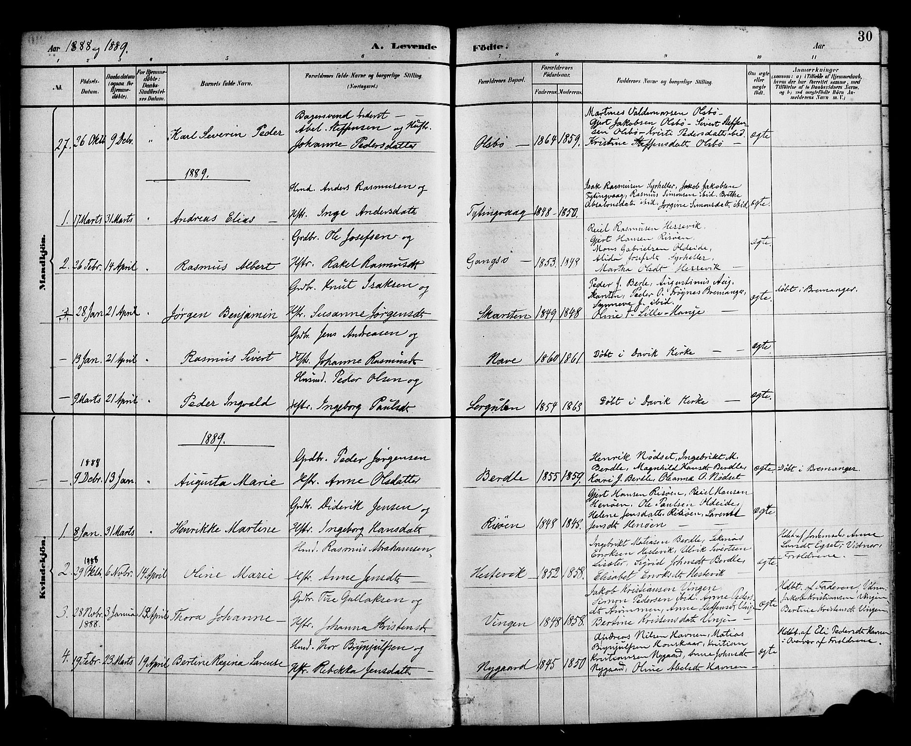 Davik sokneprestembete, SAB/A-79701/H/Haa/Haad/L0001: Parish register (official) no. D 1, 1882-1900, p. 30