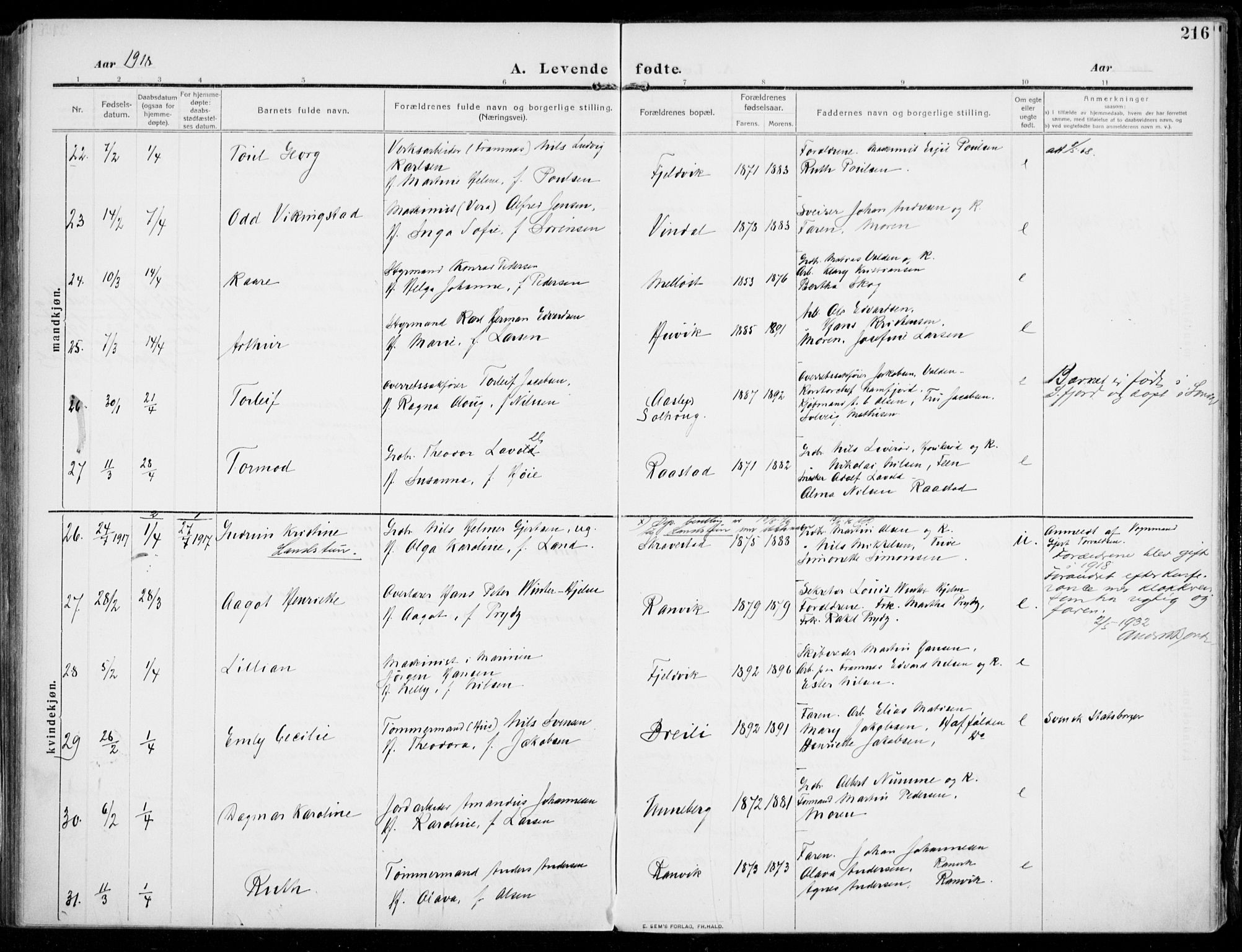 Sandar kirkebøker, AV/SAKO-A-243/F/Fa/L0016: Parish register (official) no. 16, 1909-1919, p. 216
