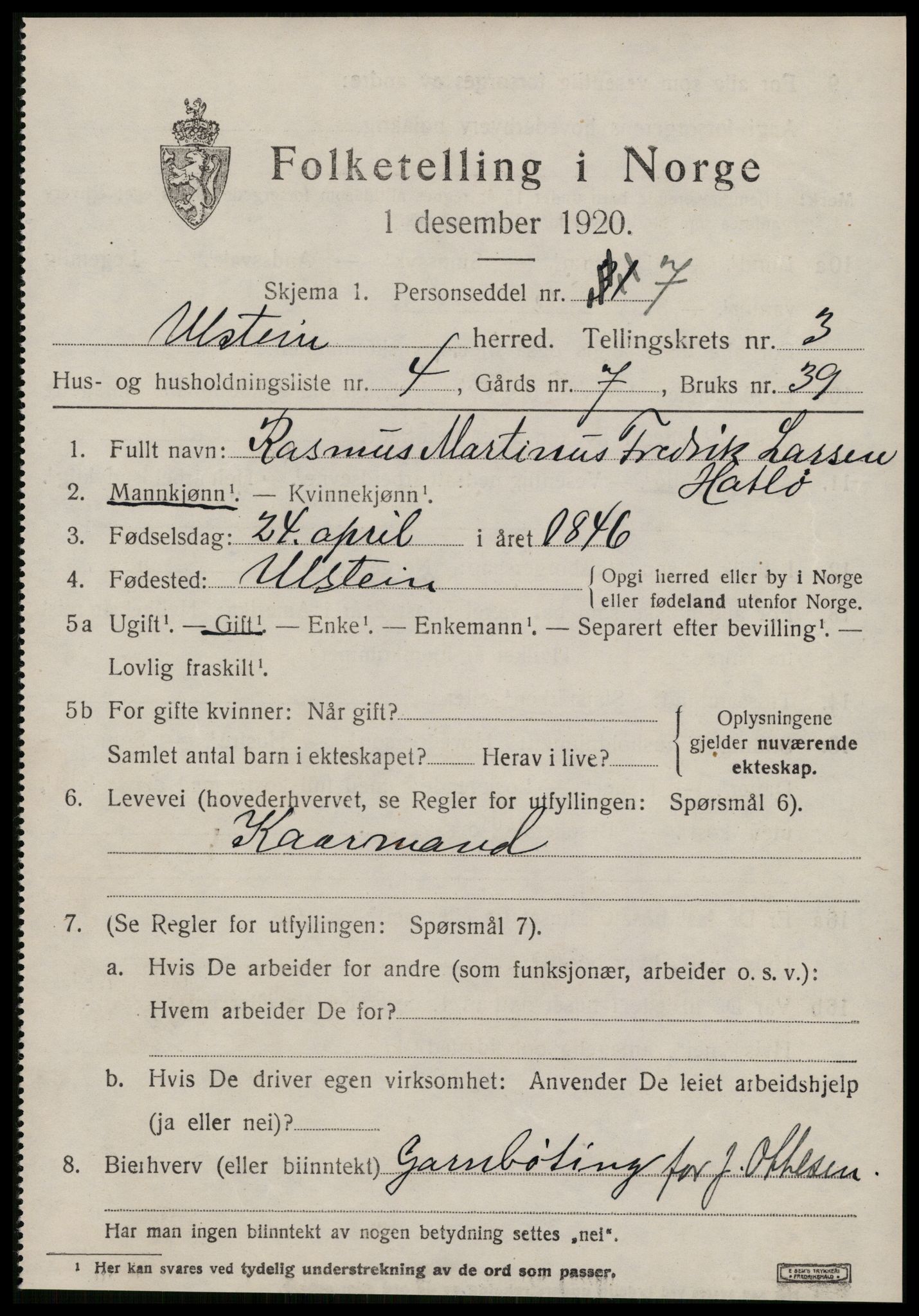 SAT, 1920 census for Ulstein, 1920, p. 1684