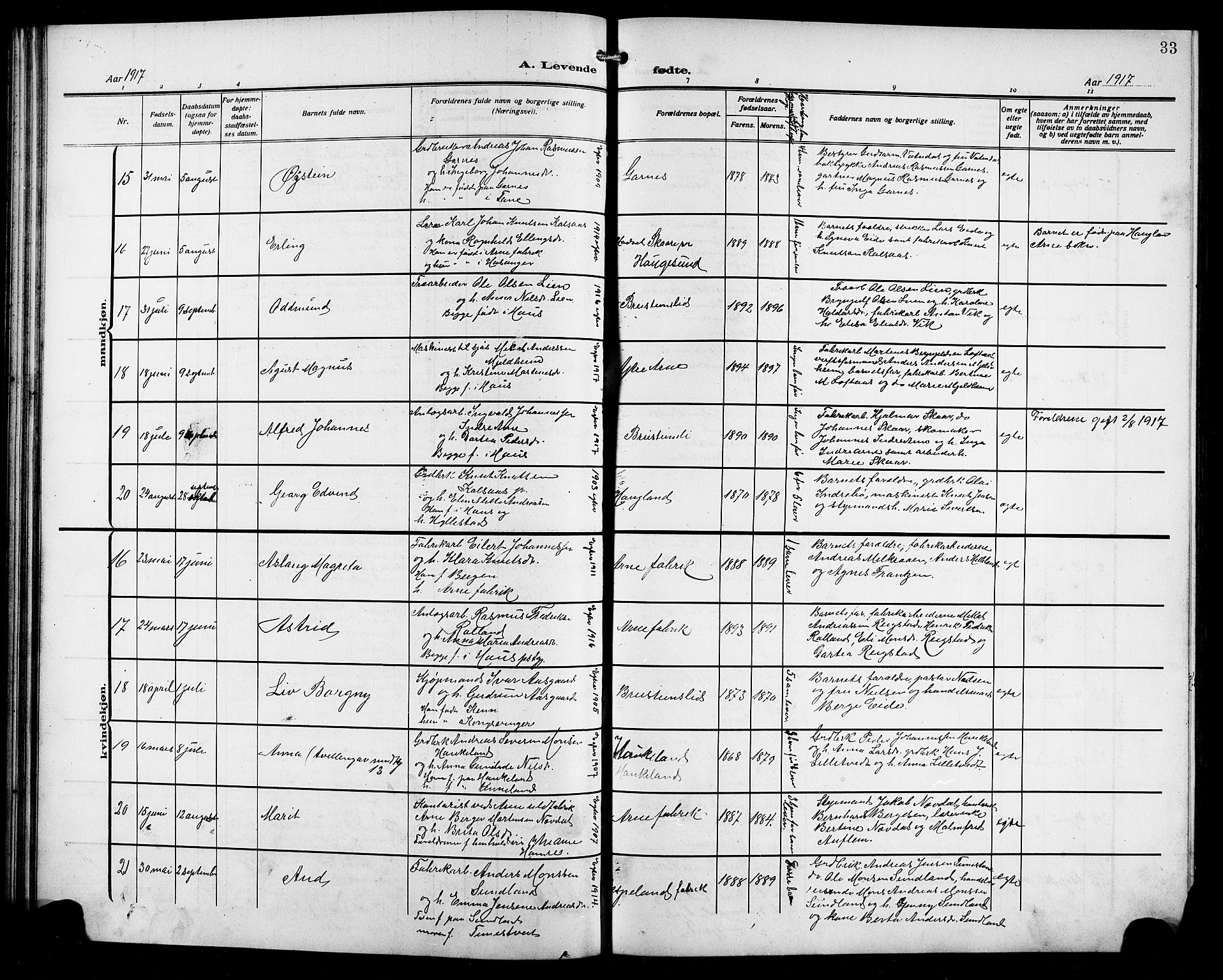 Arna sokneprestembete, AV/SAB-A-74001/H/Ha/Hab: Parish register (copy) no. A 5, 1911-1921, p. 33