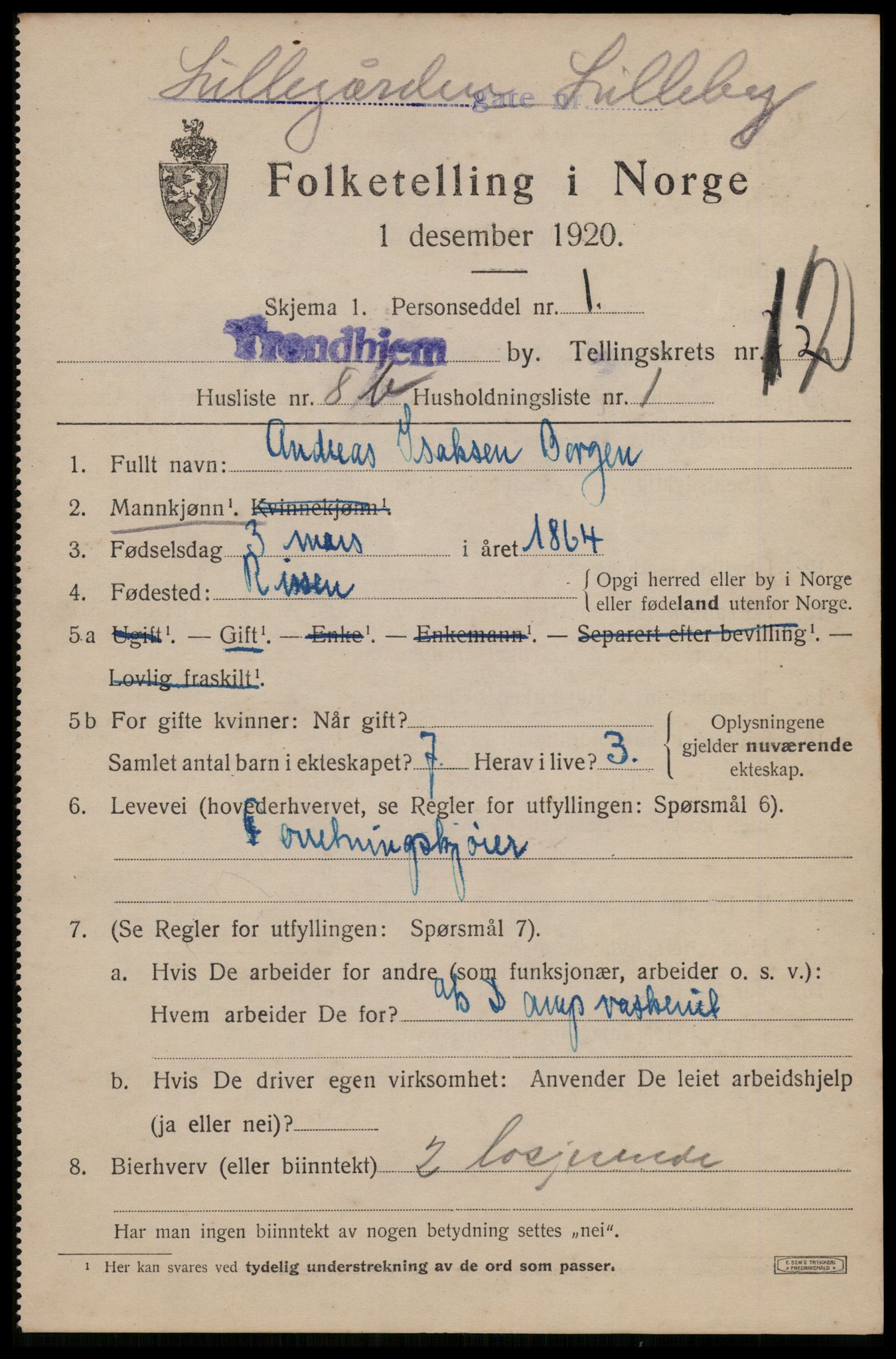 SAT, 1920 census for Trondheim, 1920, p. 141264