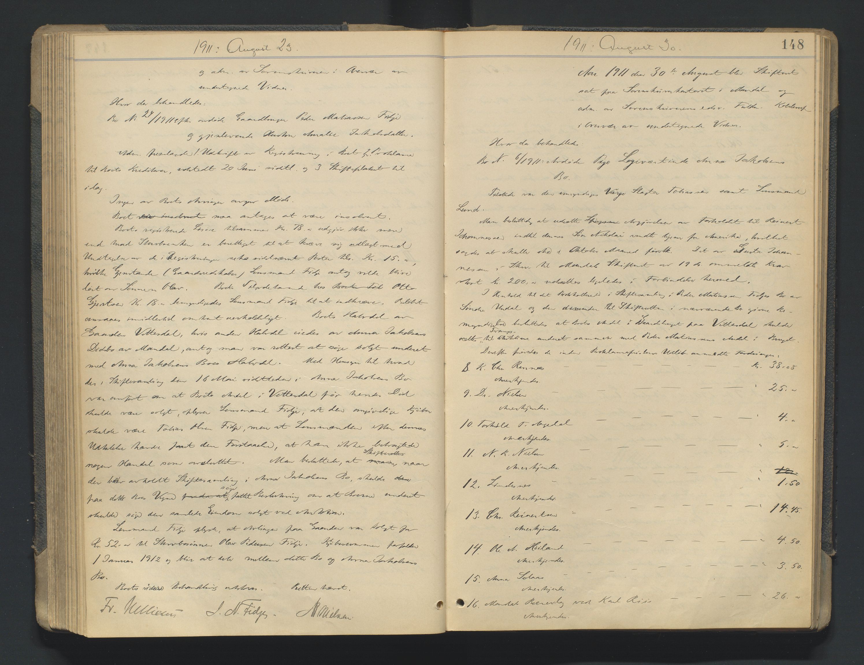 Mandal sorenskriveri, AV/SAK-1221-0005/001/H/Hc/L0081: Skifteforhandlingsprotokoll nr 13, 1909-1913, p. 148