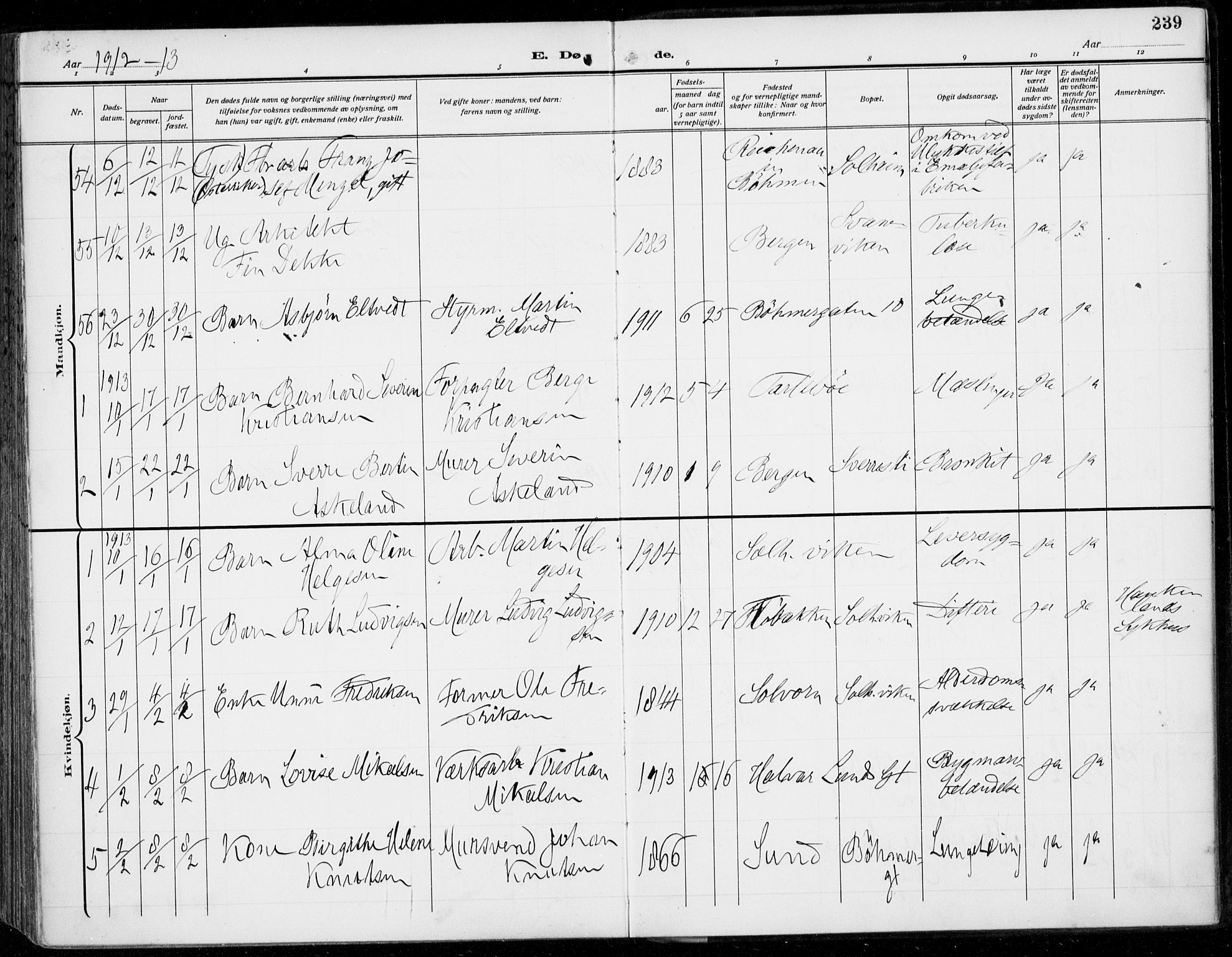 Årstad Sokneprestembete, SAB/A-79301/H/Haa/L0009: Parish register (official) no. C 1, 1902-1918, p. 239