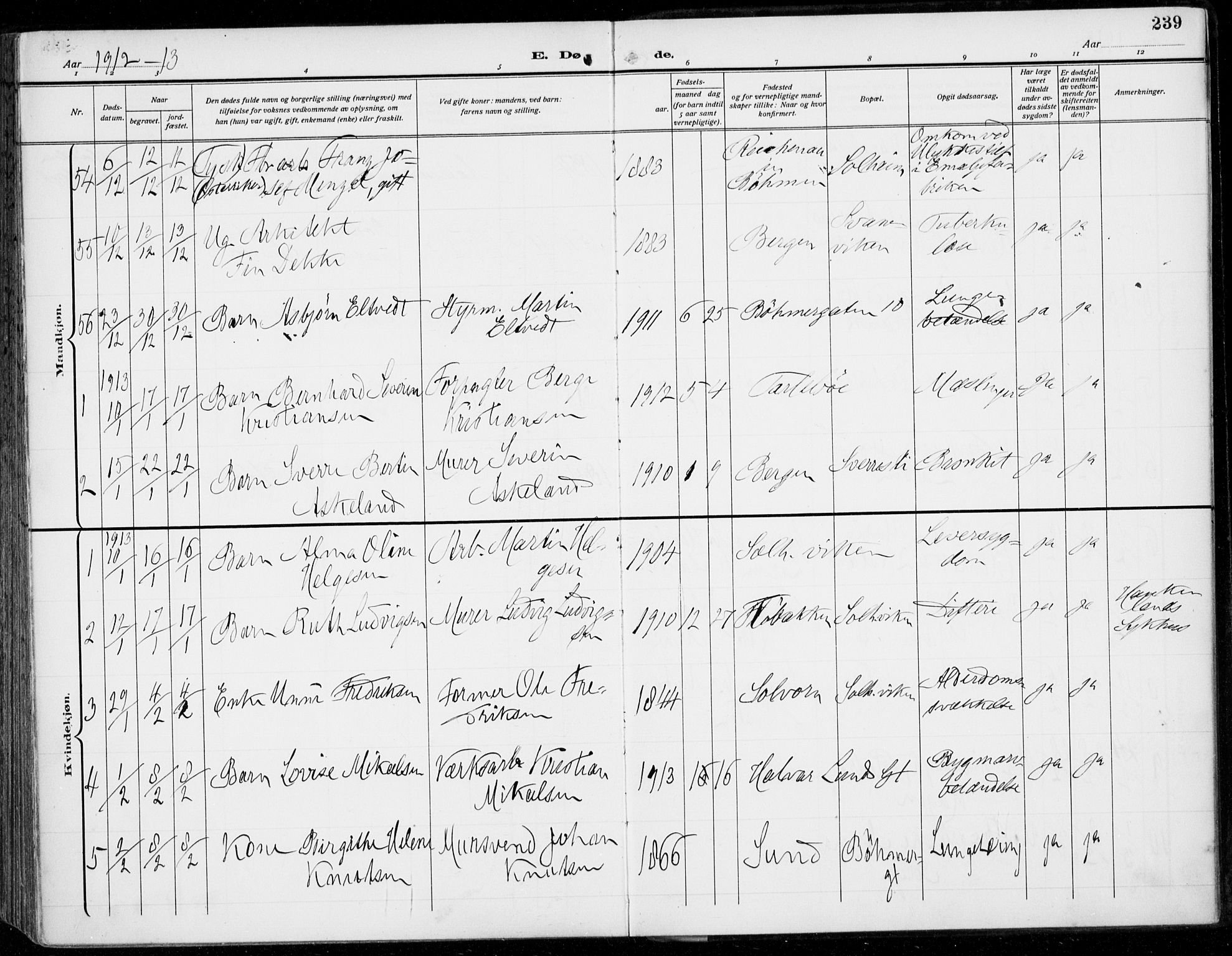 Årstad Sokneprestembete, AV/SAB-A-79301/H/Haa/L0009: Parish register (official) no. C 1, 1902-1918, p. 239