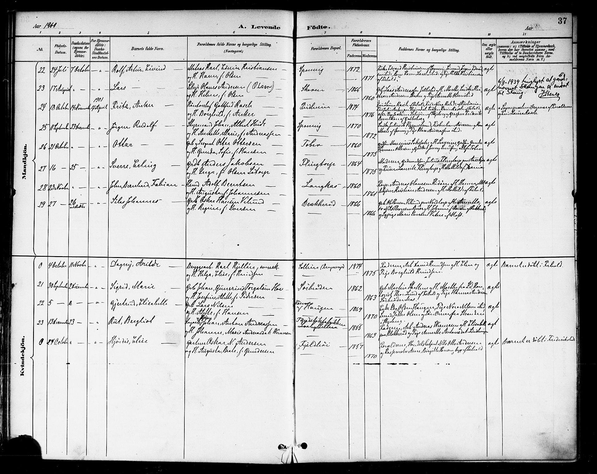 Berg prestekontor Kirkebøker, AV/SAO-A-10902/F/Fa/L0007: Parish register (official) no. I 7, 1888-1902, p. 37