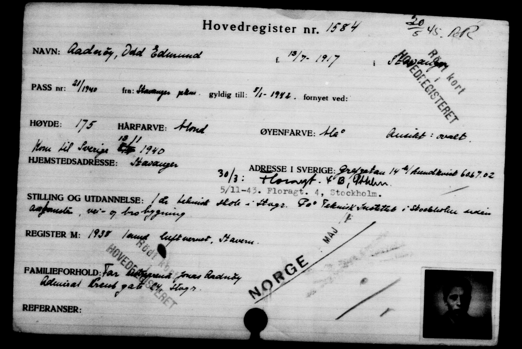 Den Kgl. Norske Legasjons Flyktningskontor, AV/RA-S-6753/V/Va/L0002: Kjesäterkartoteket.  Flyktningenr. 1001-2000, 1940-1945, p. 837