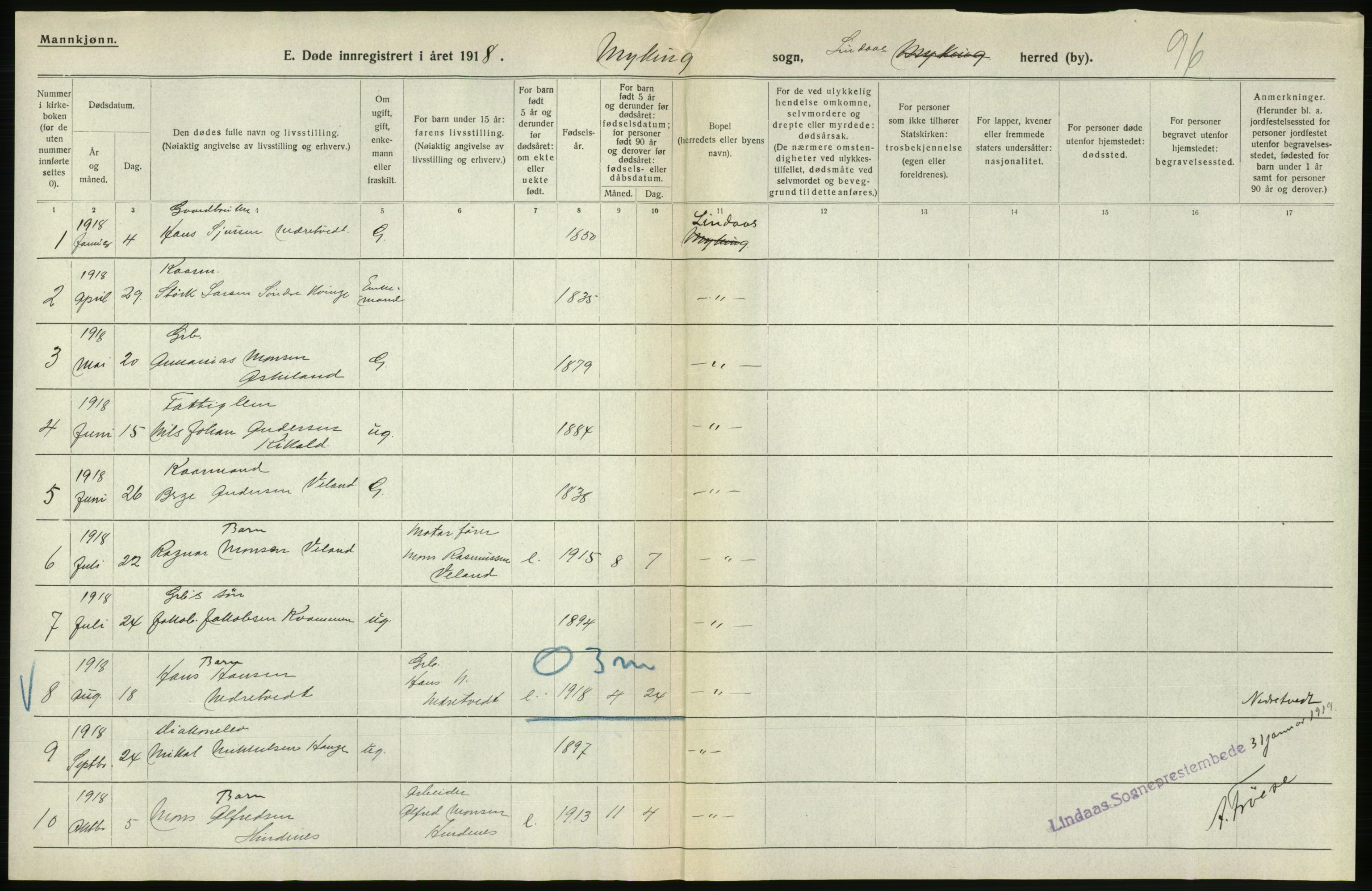 Statistisk sentralbyrå, Sosiodemografiske emner, Befolkning, AV/RA-S-2228/D/Df/Dfb/Dfbh/L0036: Hordaland fylke: Døde., 1918, p. 280