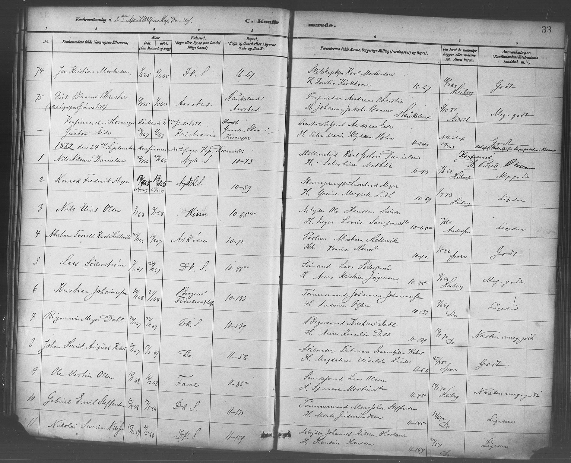 Domkirken sokneprestembete, SAB/A-74801/H/Haa/L0030: Parish register (official) no. C 5, 1880-1898, p. 33