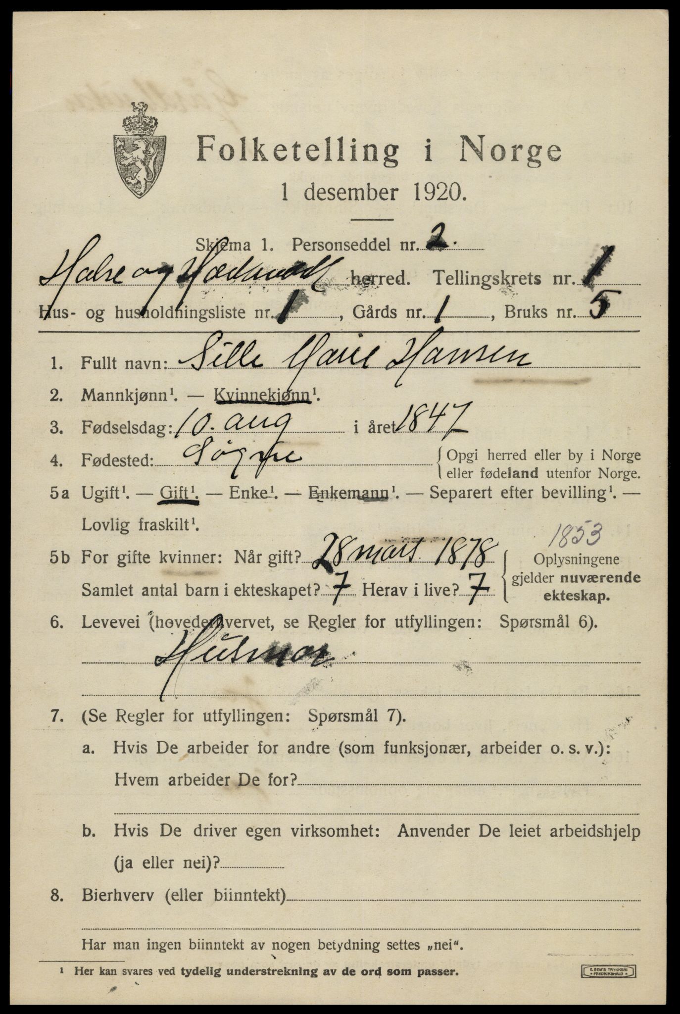 SAK, 1920 census for Halse og Harkmark, 1920, p. 1485