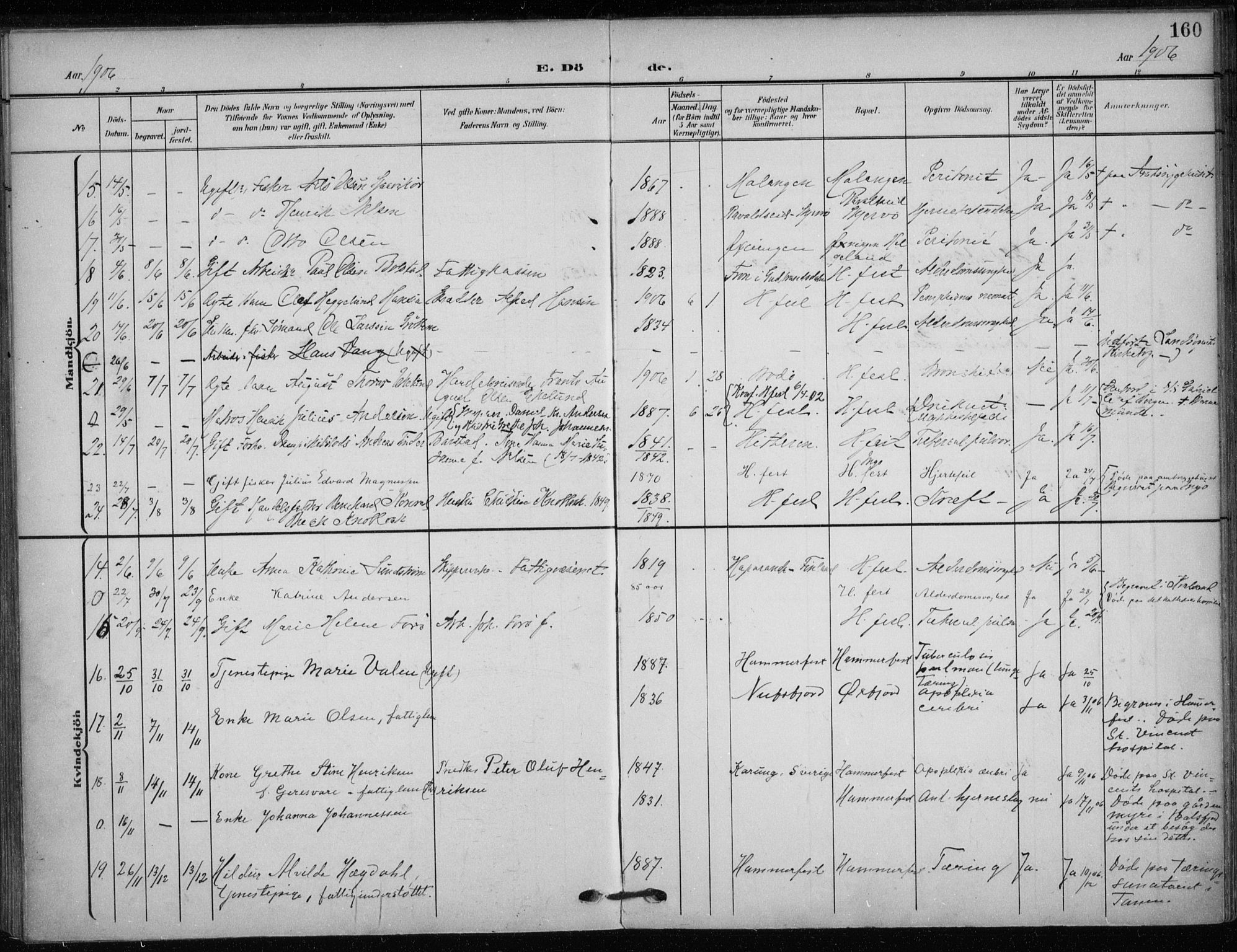 Hammerfest sokneprestkontor, SATØ/S-1347/H/Ha/L0014.kirke: Parish register (official) no. 14, 1906-1916, p. 160