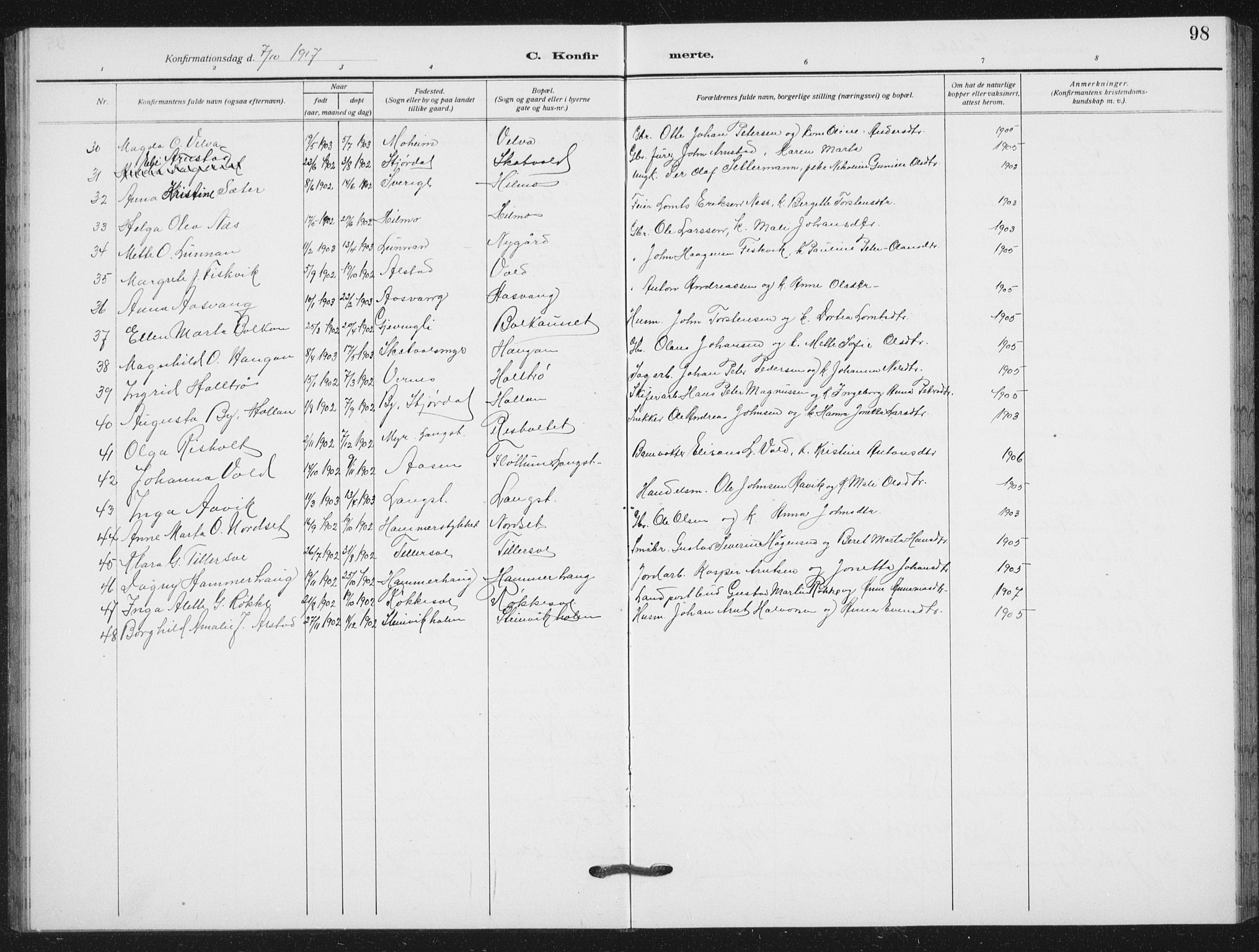 Ministerialprotokoller, klokkerbøker og fødselsregistre - Nord-Trøndelag, SAT/A-1458/712/L0104: Parish register (copy) no. 712C02, 1917-1939, p. 98