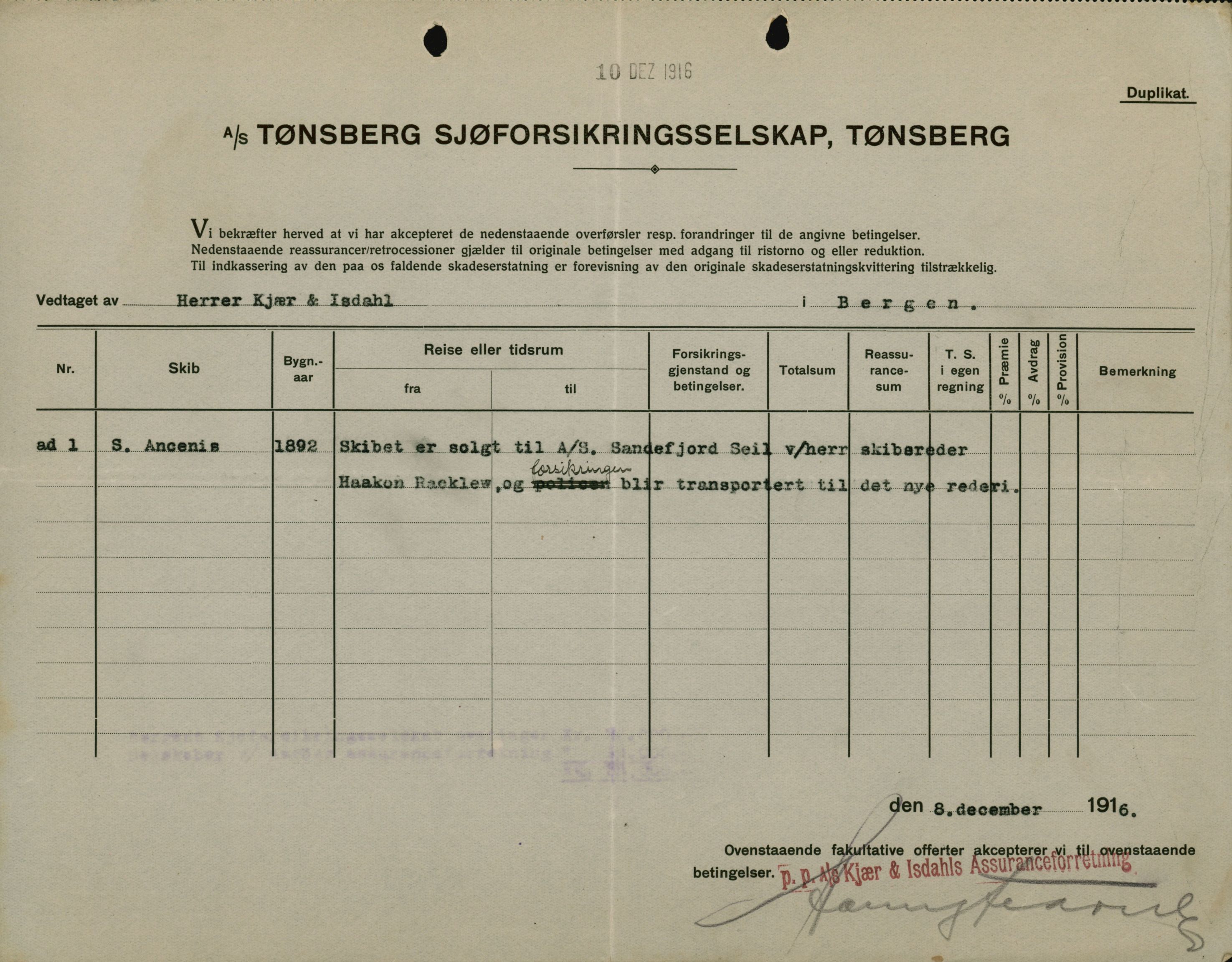 Pa 664 - Tønsberg Sjøforsikringsselskap, VEMU/A-1773/F/L0001: Forsikringspoliser, 1915-1918