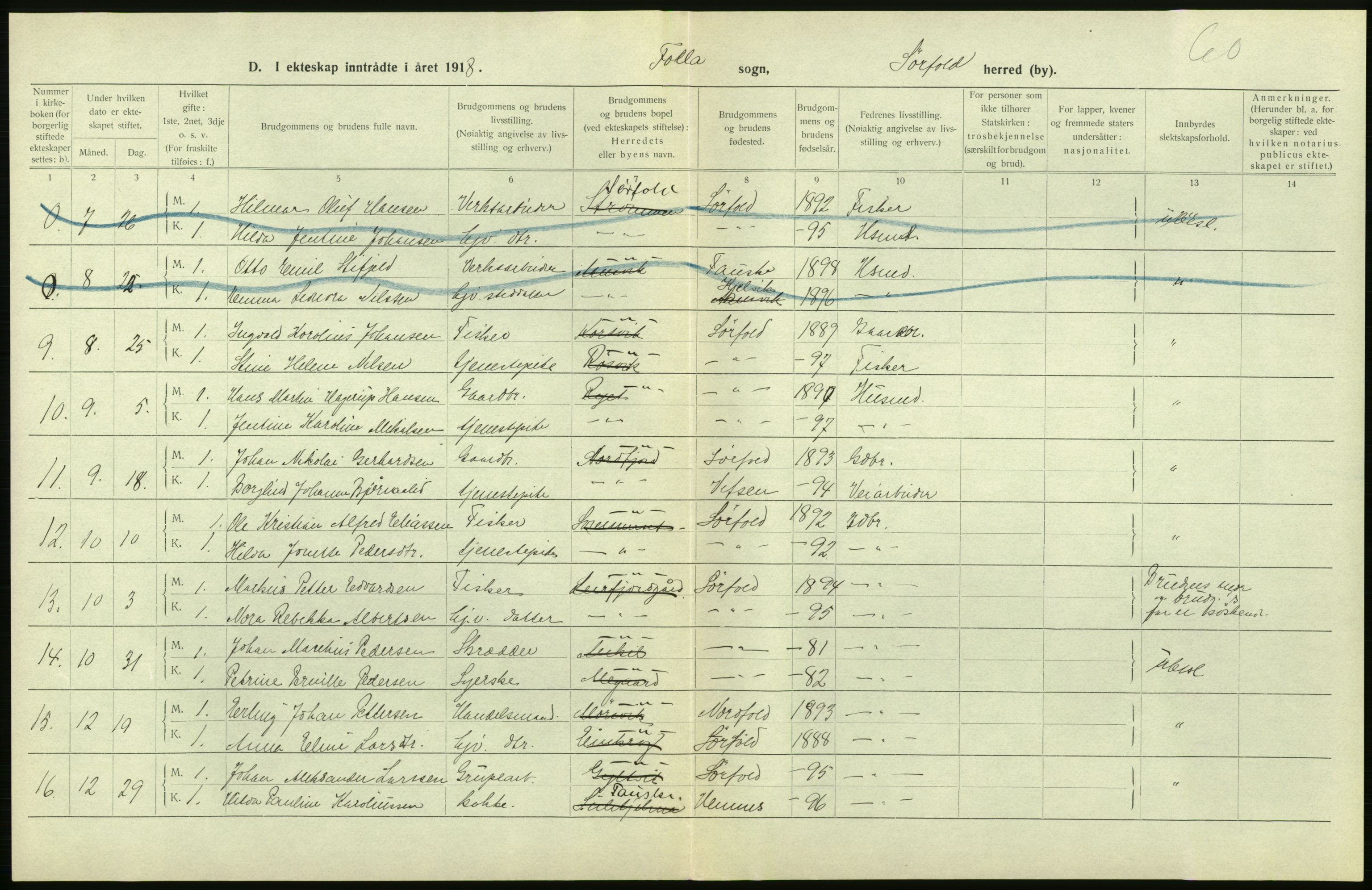 Statistisk sentralbyrå, Sosiodemografiske emner, Befolkning, AV/RA-S-2228/D/Df/Dfb/Dfbh/L0054: Nordland fylke: Gifte, dødfødte. Bygder og byer., 1918, p. 164