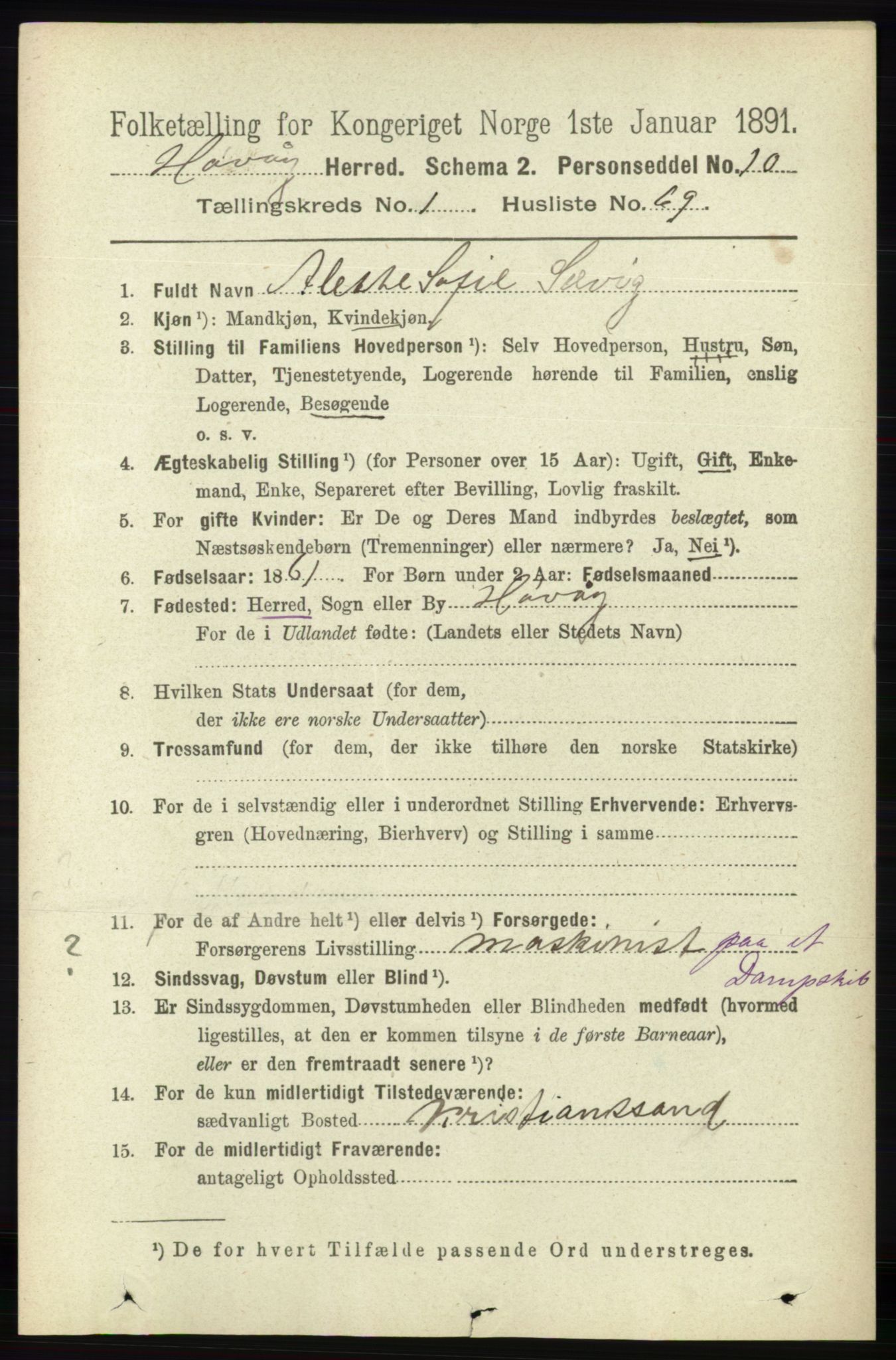 RA, 1891 census for 0927 Høvåg, 1891, p. 457