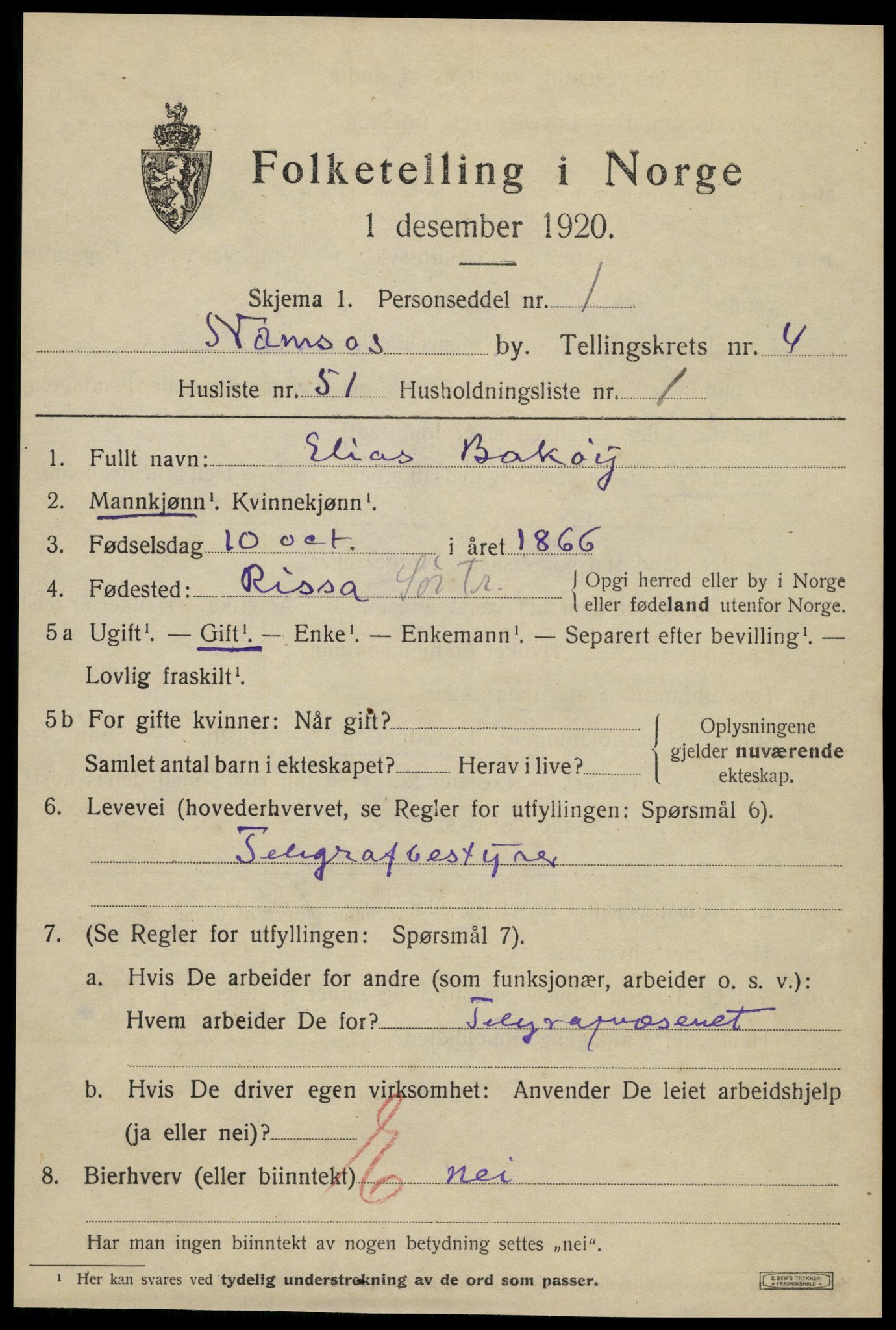 SAT, 1920 census for Namsos, 1920, p. 5635