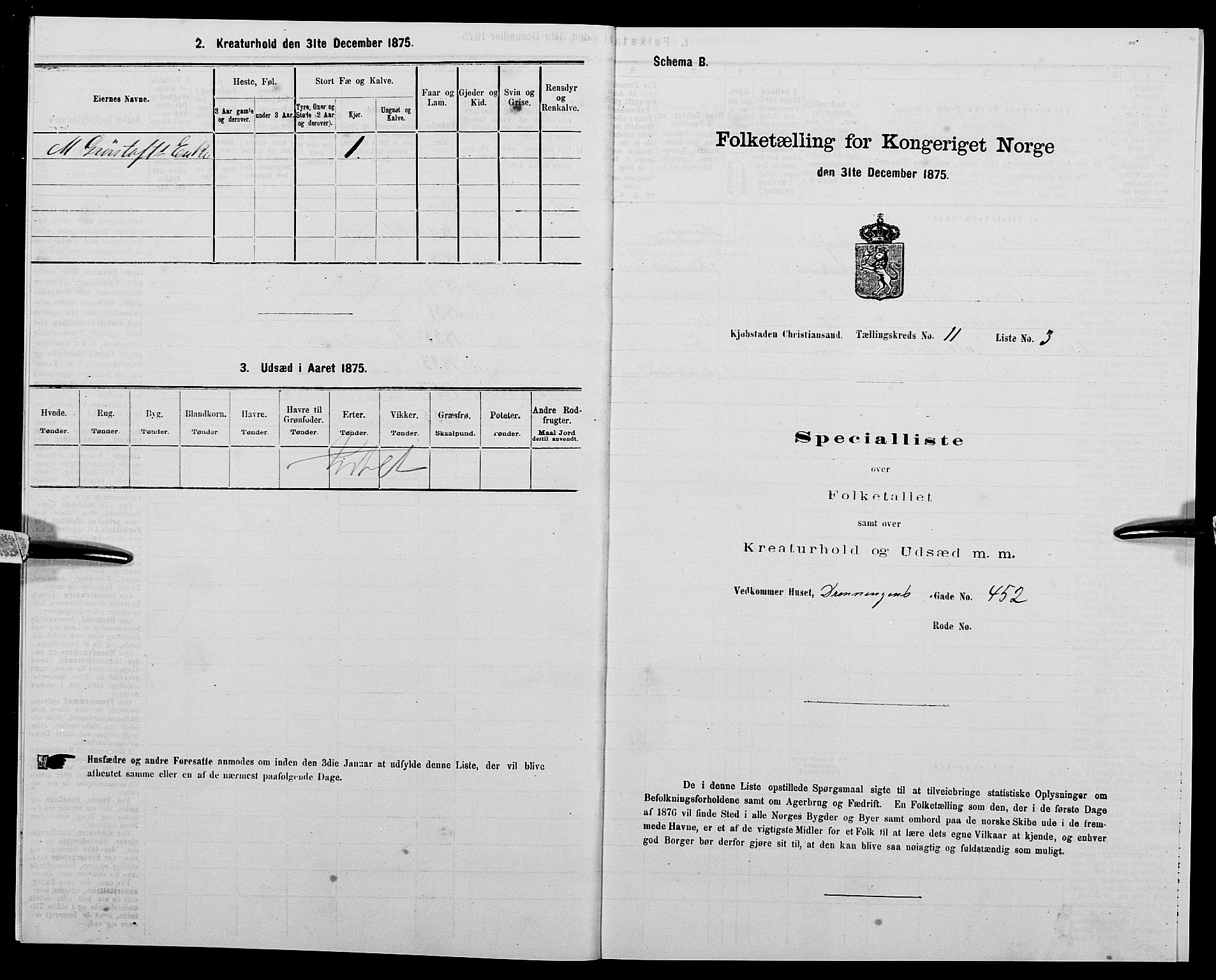 SAK, 1875 census for 1001P Kristiansand, 1875, p. 1824