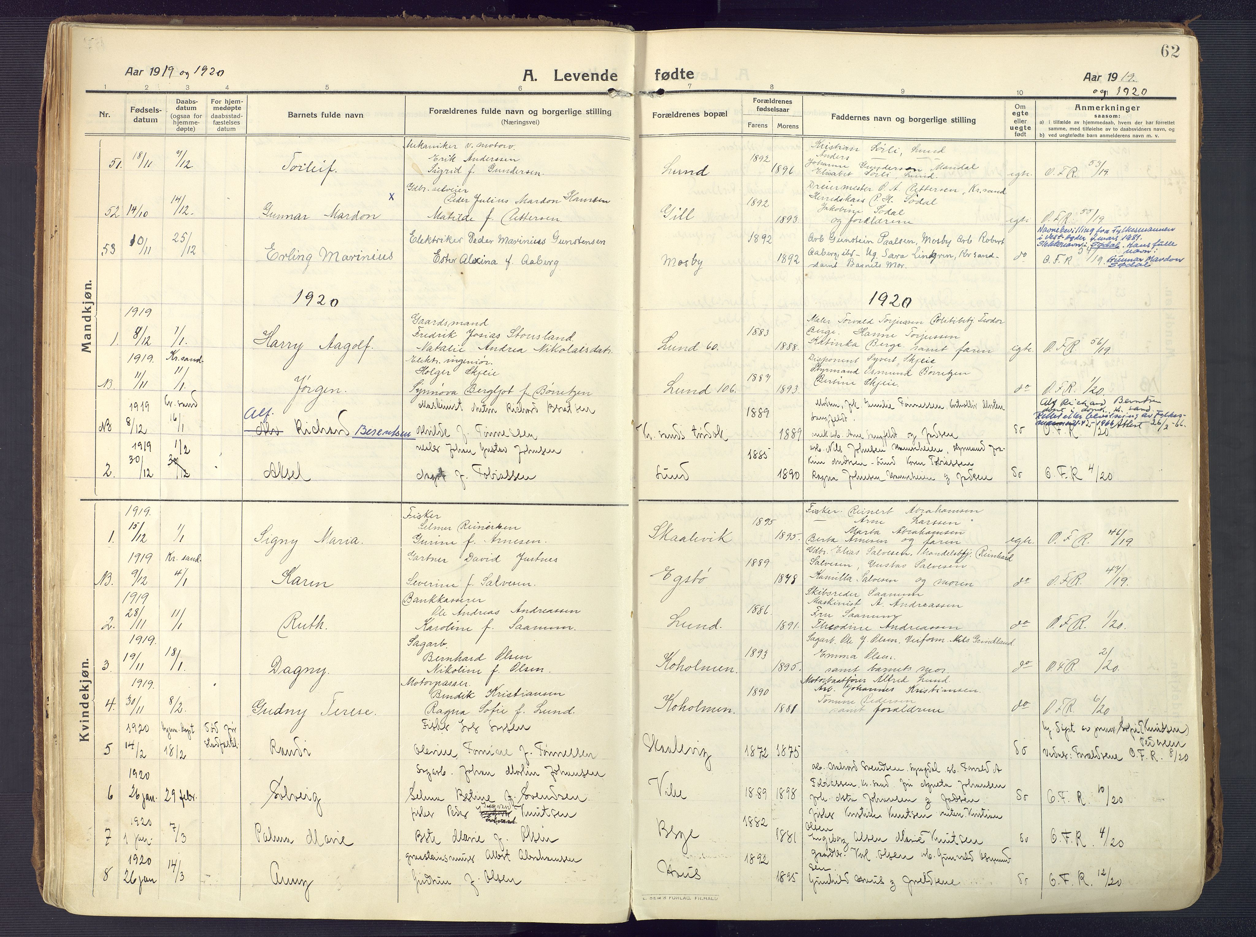 Oddernes sokneprestkontor, AV/SAK-1111-0033/F/Fa/Faa/L0012: Parish register (official) no. A 12, 1912-1925, p. 62