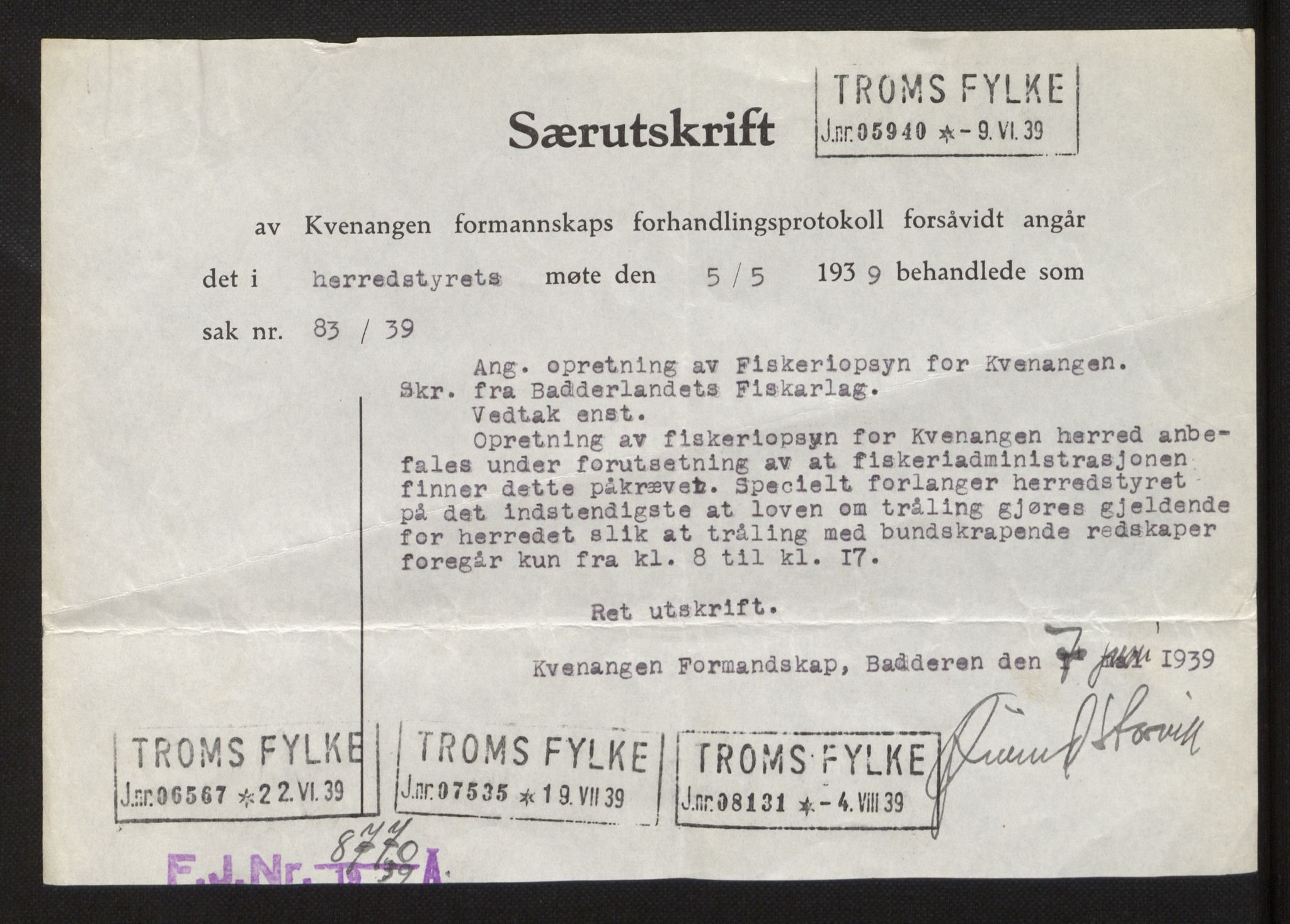 Fiskeridirektoratet - 1 Adm. ledelse - 13B Kontoret for fiskerilovgivning, oppsyn og undervisning, SAB/A-2004/H/L0003: Fiskerioppsyn, 1922-1955, p. 13