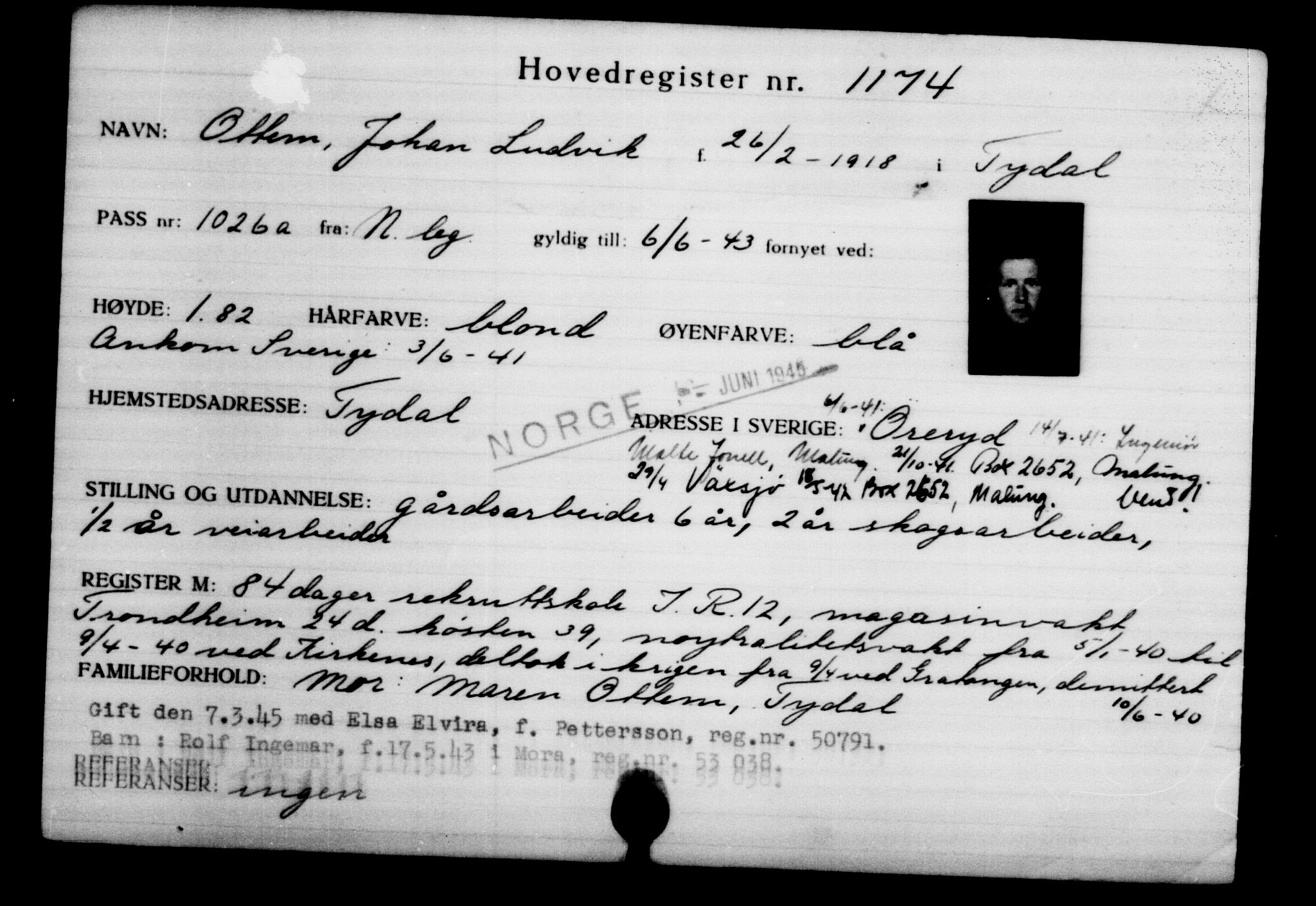 Utenriksstasjonene, Legasjonen i Stockholm, Flyktningkontoret, AV/RA-S-6753/V/Va/L0002: Kjesäterkartoteket, flyktninger med registreringsnr. 1001-2000, 1940-1945, p. 267