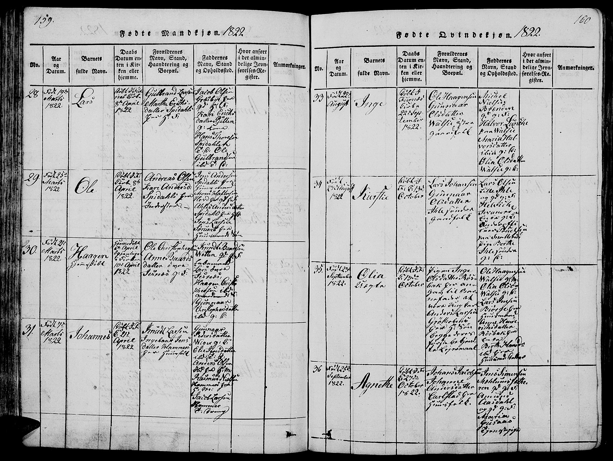 Vang prestekontor, Hedmark, AV/SAH-PREST-008/H/Ha/Hab/L0005: Parish register (copy) no. 5, 1815-1836, p. 159-160