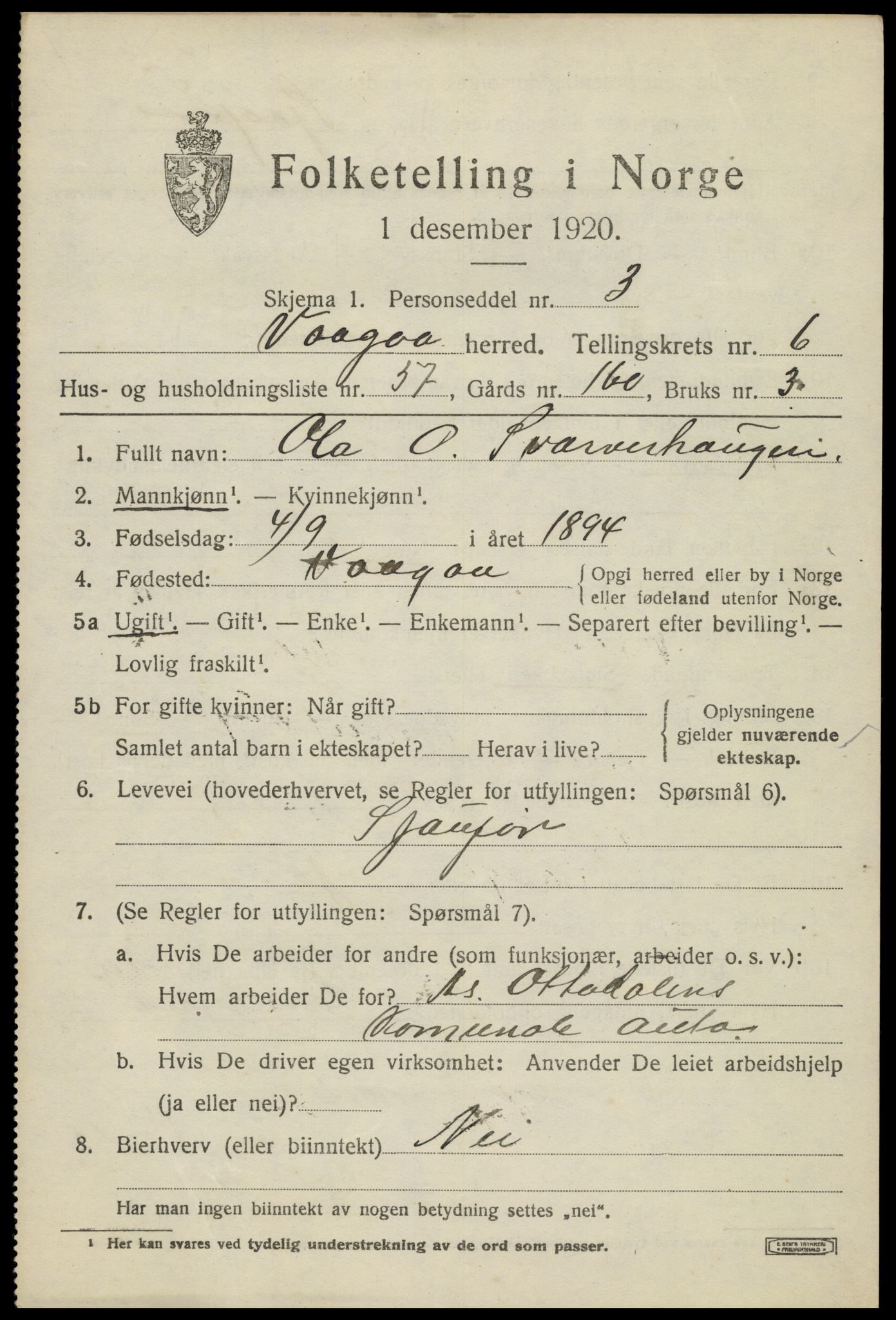 SAH, 1920 census for Vågå, 1920, p. 5278