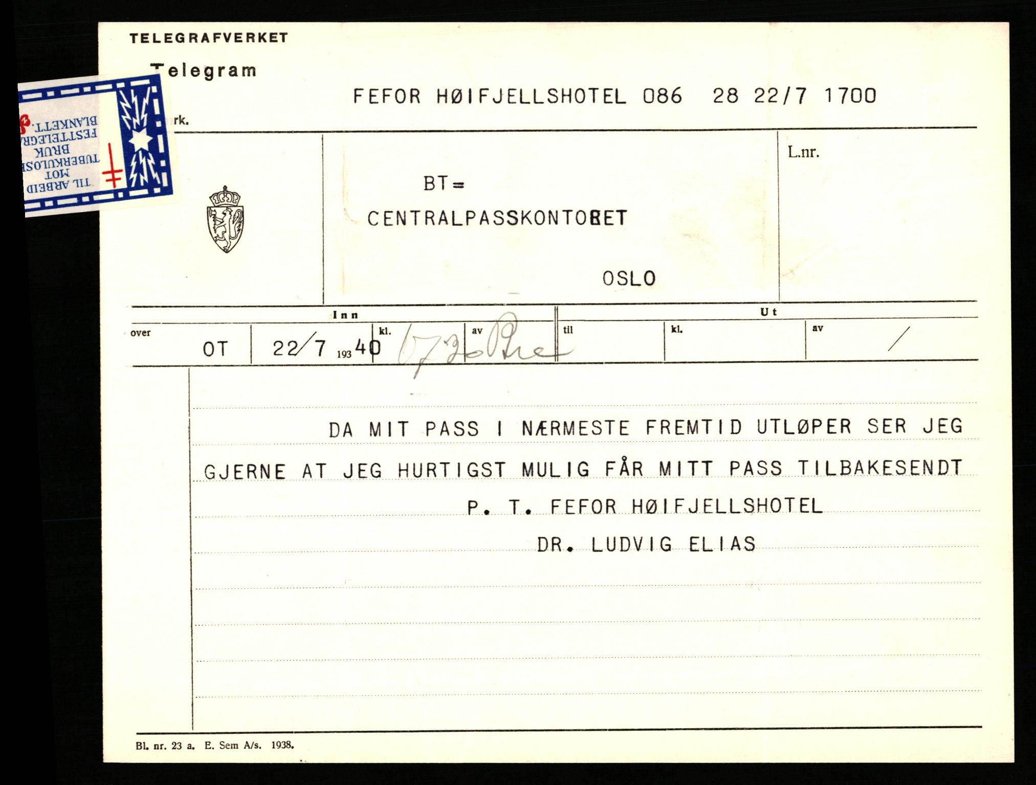 Sentralpasskontoret/Statens utlendingskontor, AV/RA-S-1561/D/Da/Daa/L0367: Journalsaker, nr. 92 - 136, 1941, p. 73