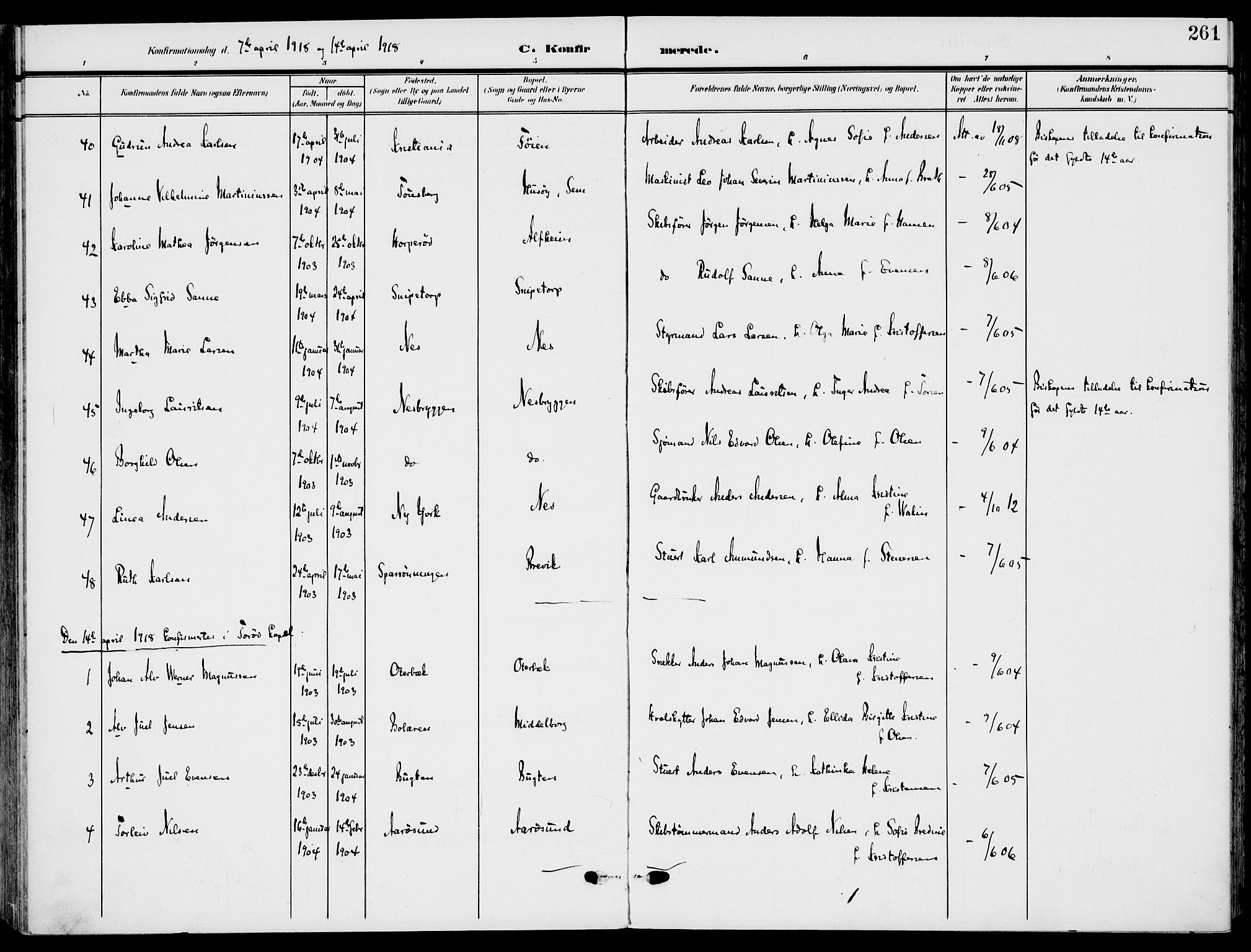 Nøtterøy kirkebøker, AV/SAKO-A-354/F/Fa/L0010: Parish register (official) no. I 10, 1908-1919, p. 261