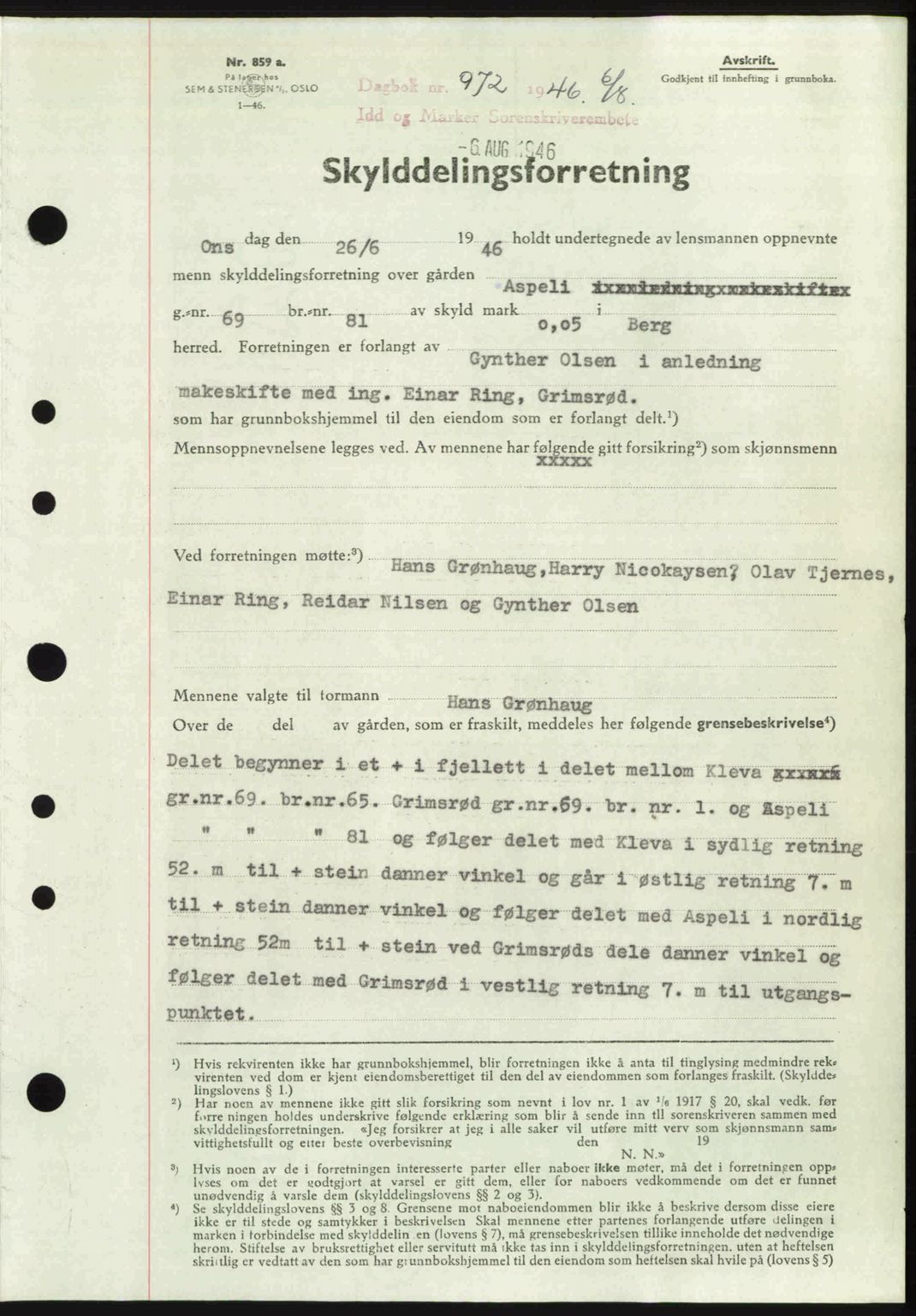 Idd og Marker sorenskriveri, AV/SAO-A-10283/G/Gb/Gbb/L0008: Mortgage book no. A8, 1946-1946, Diary no: : 972/1946