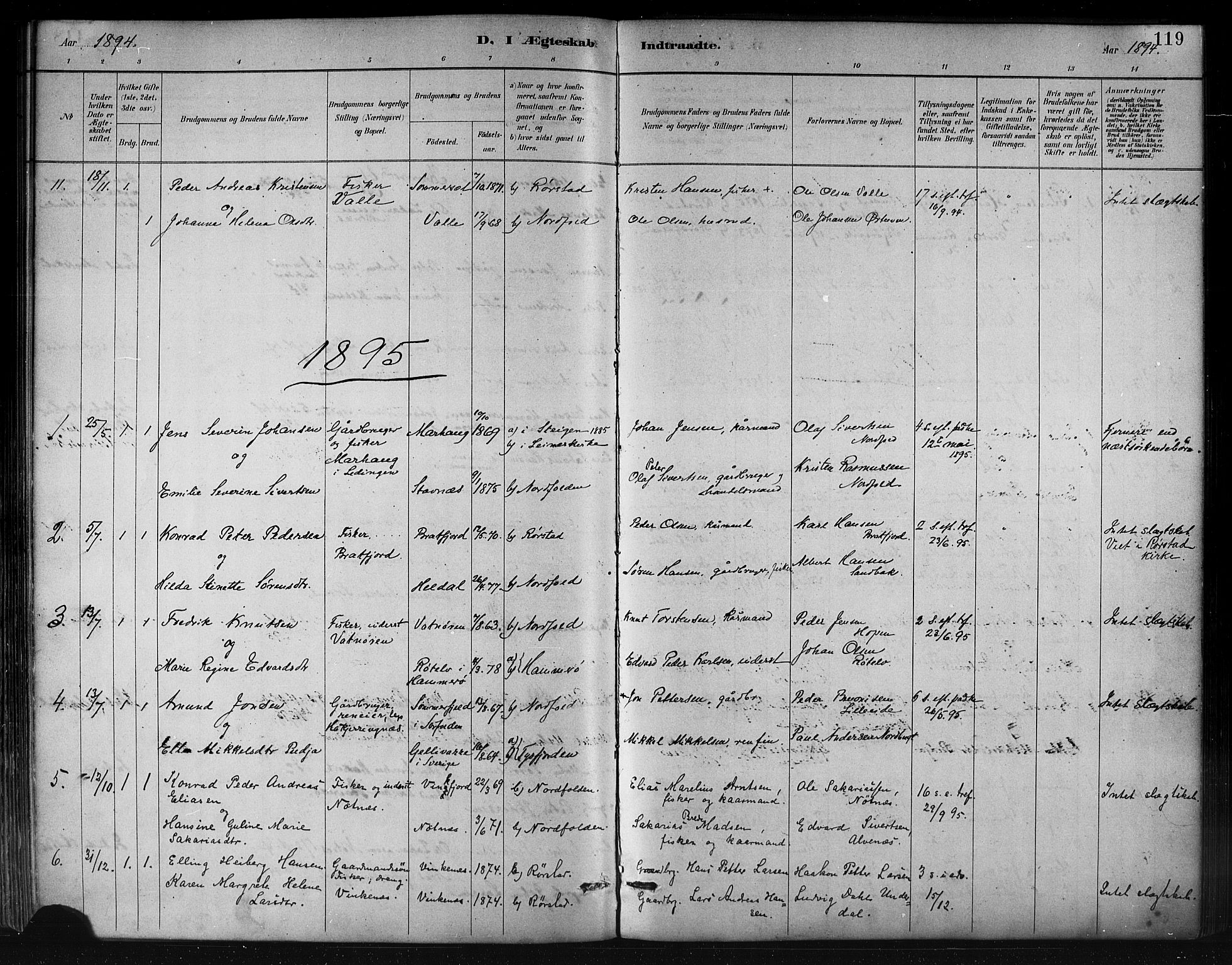 Ministerialprotokoller, klokkerbøker og fødselsregistre - Nordland, AV/SAT-A-1459/858/L0831: Parish register (official) no. 858A01, 1884-1902, p. 119