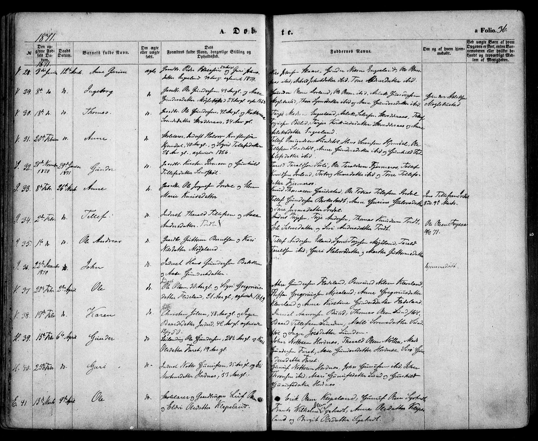 Evje sokneprestkontor, AV/SAK-1111-0008/F/Fa/Faa/L0006: Parish register (official) no. A 6, 1866-1884, p. 36