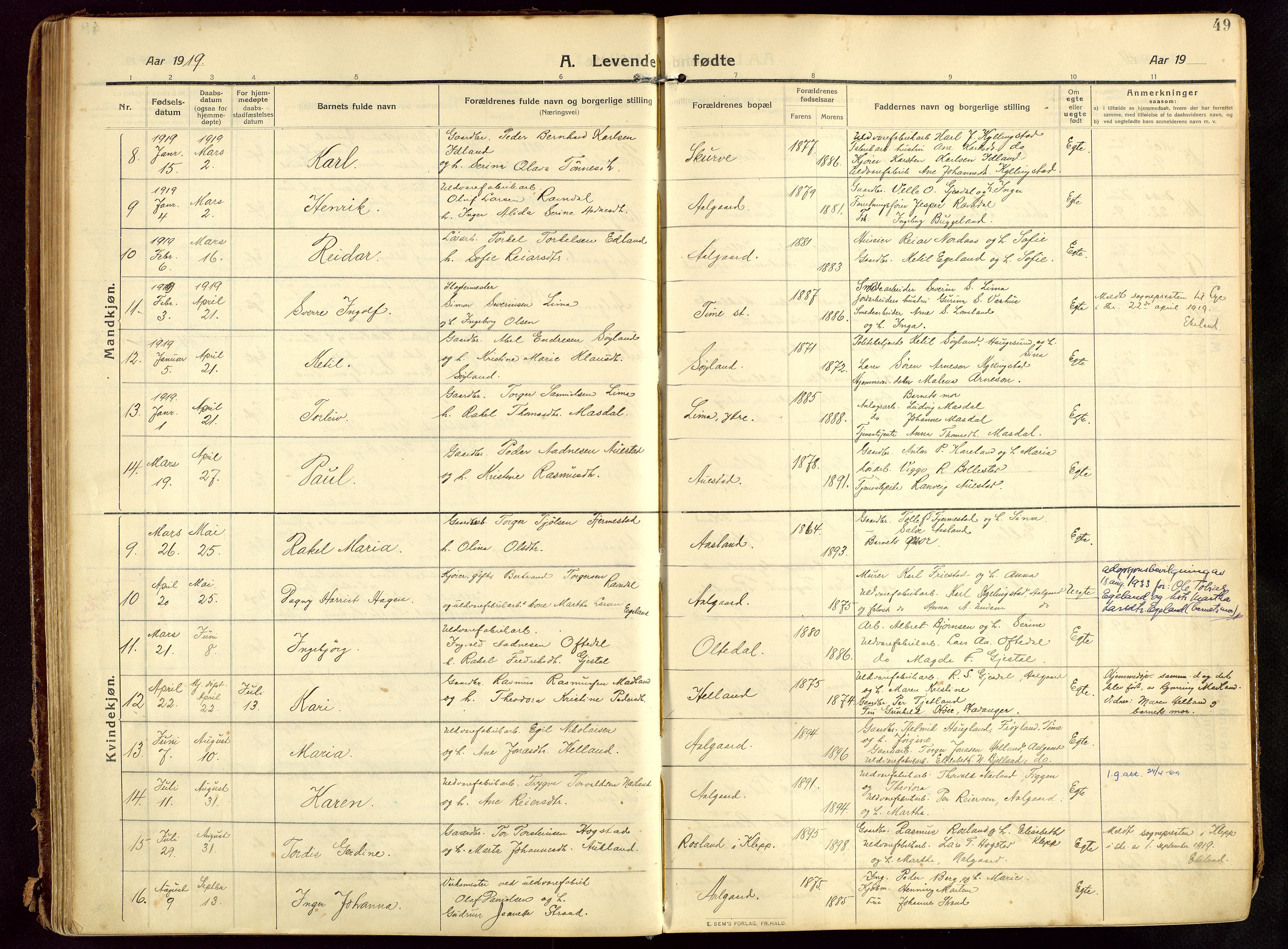 Lye sokneprestkontor, SAST/A-101794/002/B/L0001: Parish register (official) no. A 13, 1910-1925, p. 49