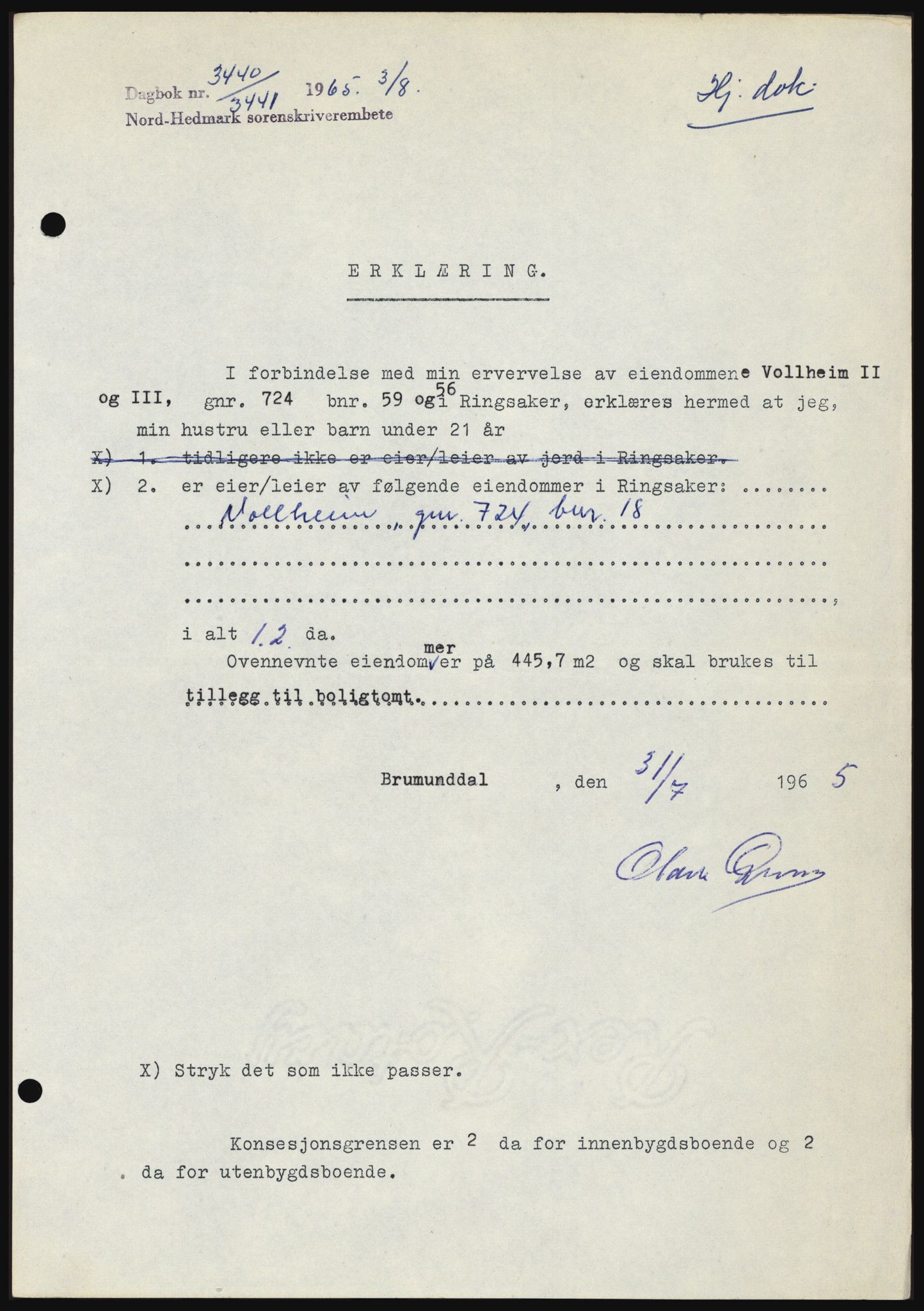 Nord-Hedmark sorenskriveri, SAH/TING-012/H/Hc/L0022: Mortgage book no. 22, 1965-1965, Diary no: : 3440/1965