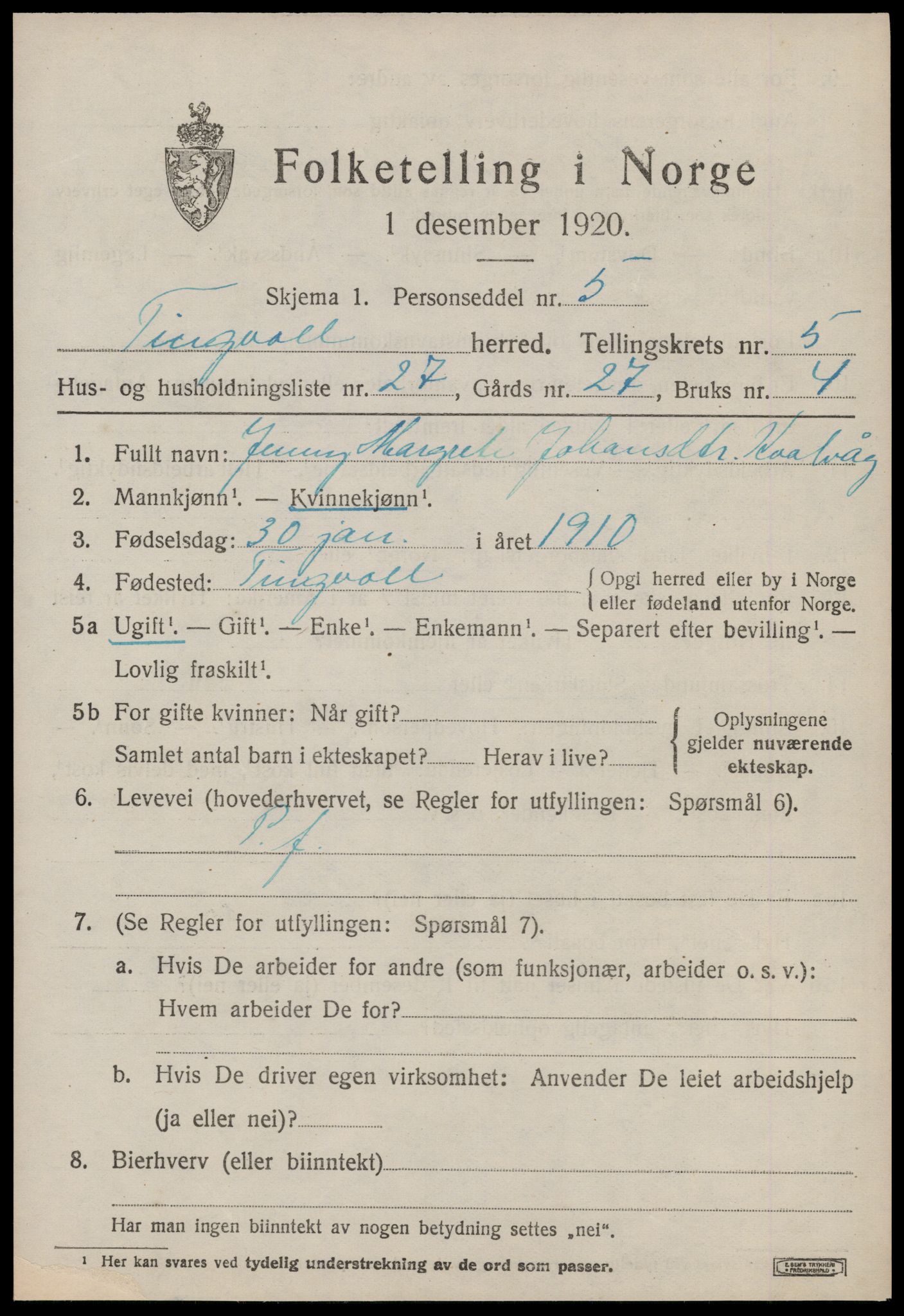 SAT, 1920 census for Tingvoll, 1920, p. 2536