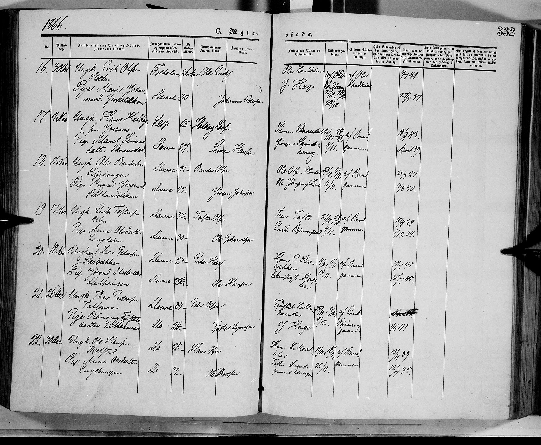 Dovre prestekontor, SAH/PREST-066/H/Ha/Haa/L0001: Parish register (official) no. 1, 1854-1878, p. 332