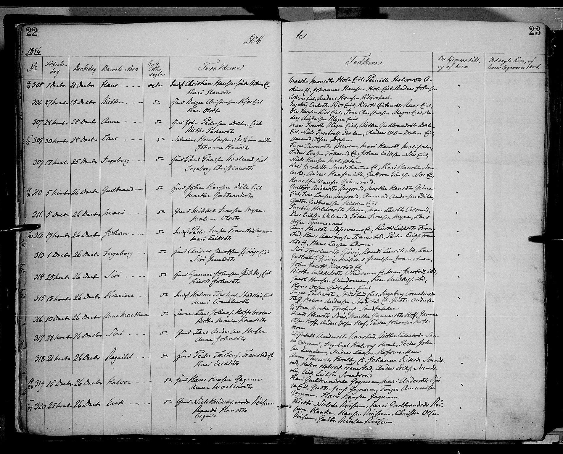 Gran prestekontor, SAH/PREST-112/H/Ha/Haa/L0012: Parish register (official) no. 12, 1856-1874, p. 22-23