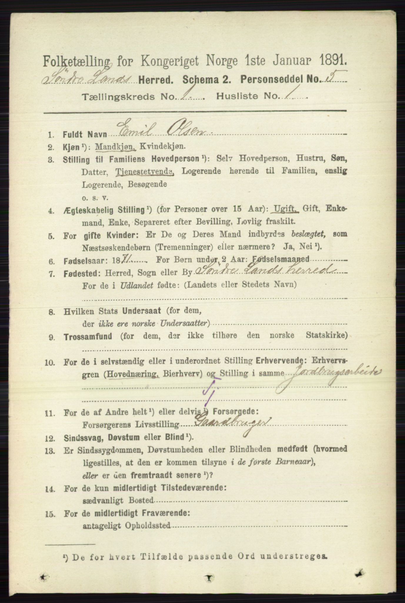 RA, 1891 census for 0536 Søndre Land, 1891, p. 136