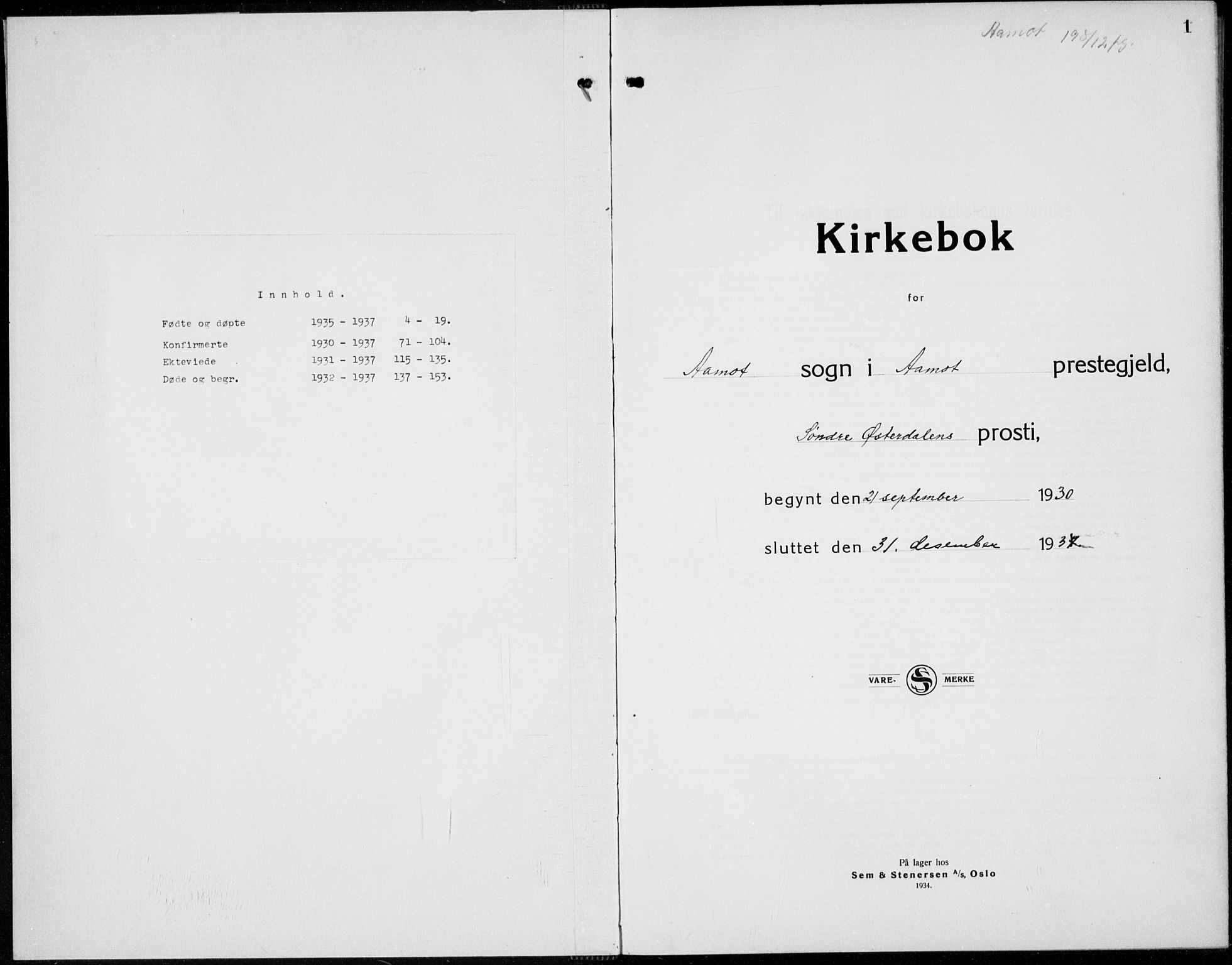 Åmot prestekontor, Hedmark, SAH/PREST-056/H/Ha/Hab/L0006: Parish register (copy) no. 6, 1930-1937, p. 1