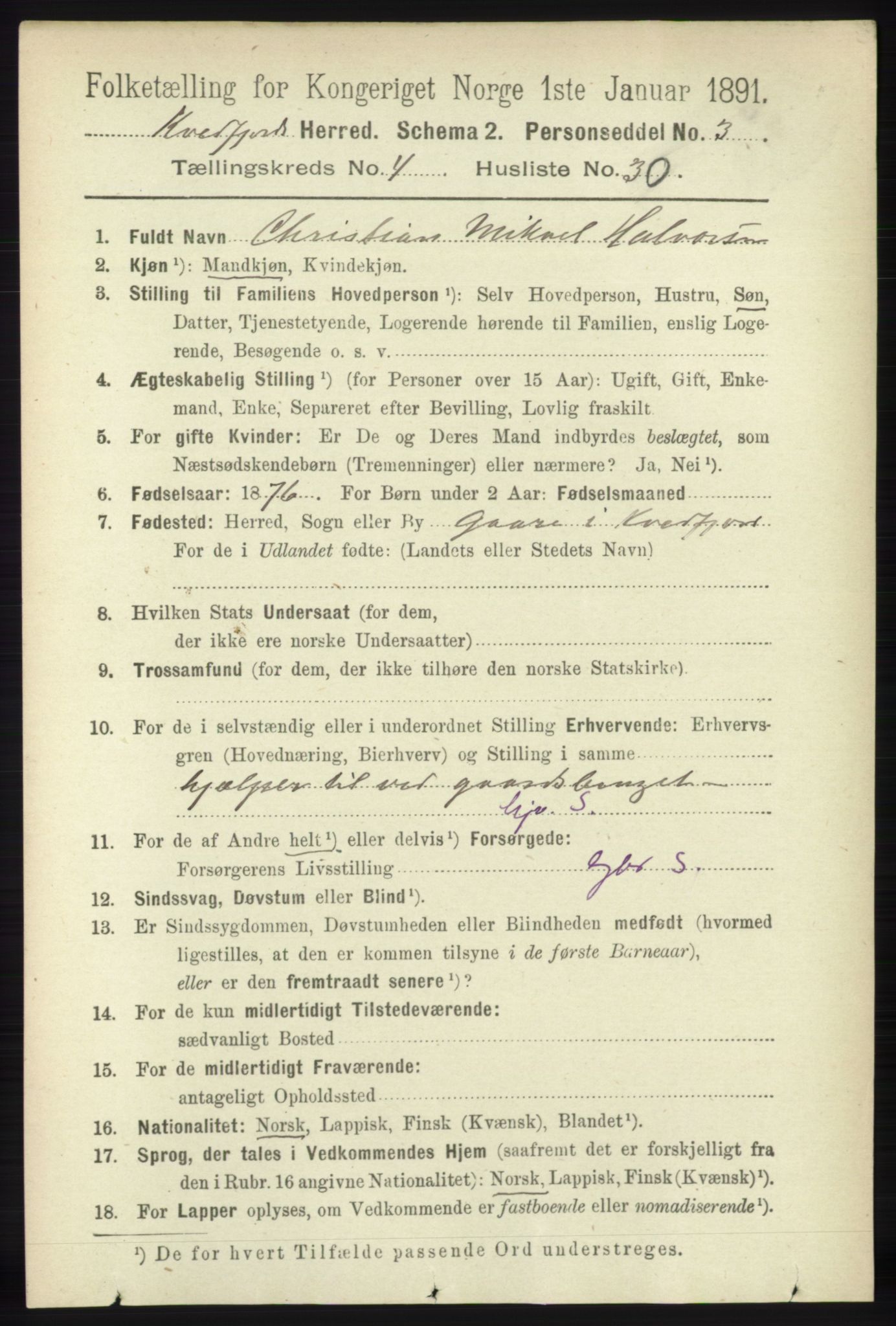 RA, 1891 census for 1911 Kvæfjord, 1891, p. 2089