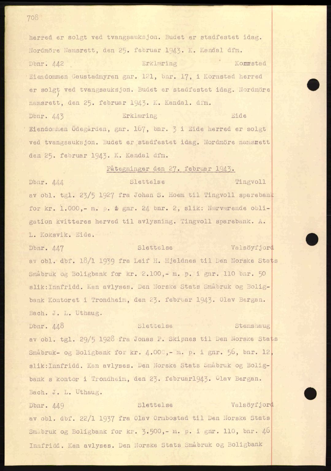 Nordmøre sorenskriveri, AV/SAT-A-4132/1/2/2Ca: Mortgage book no. C81, 1940-1945, Diary no: : 442/1943