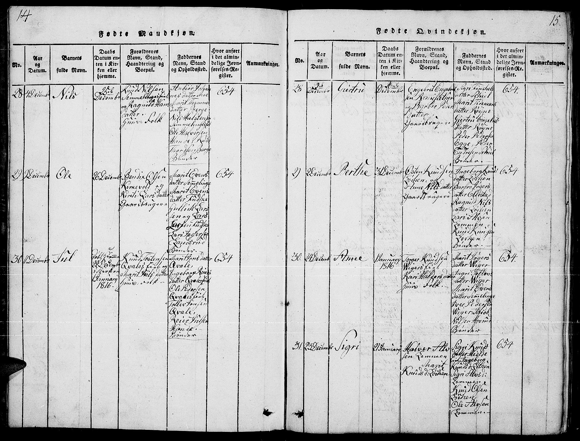 Slidre prestekontor, AV/SAH-PREST-134/H/Ha/Hab/L0001: Parish register (copy) no. 1, 1814-1838, p. 14-15