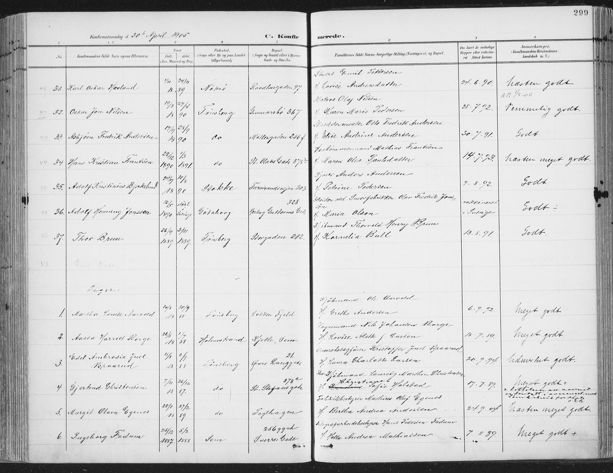 Tønsberg kirkebøker, AV/SAKO-A-330/F/Fa/L0014: Parish register (official) no. I 14, 1900-1913, p. 299